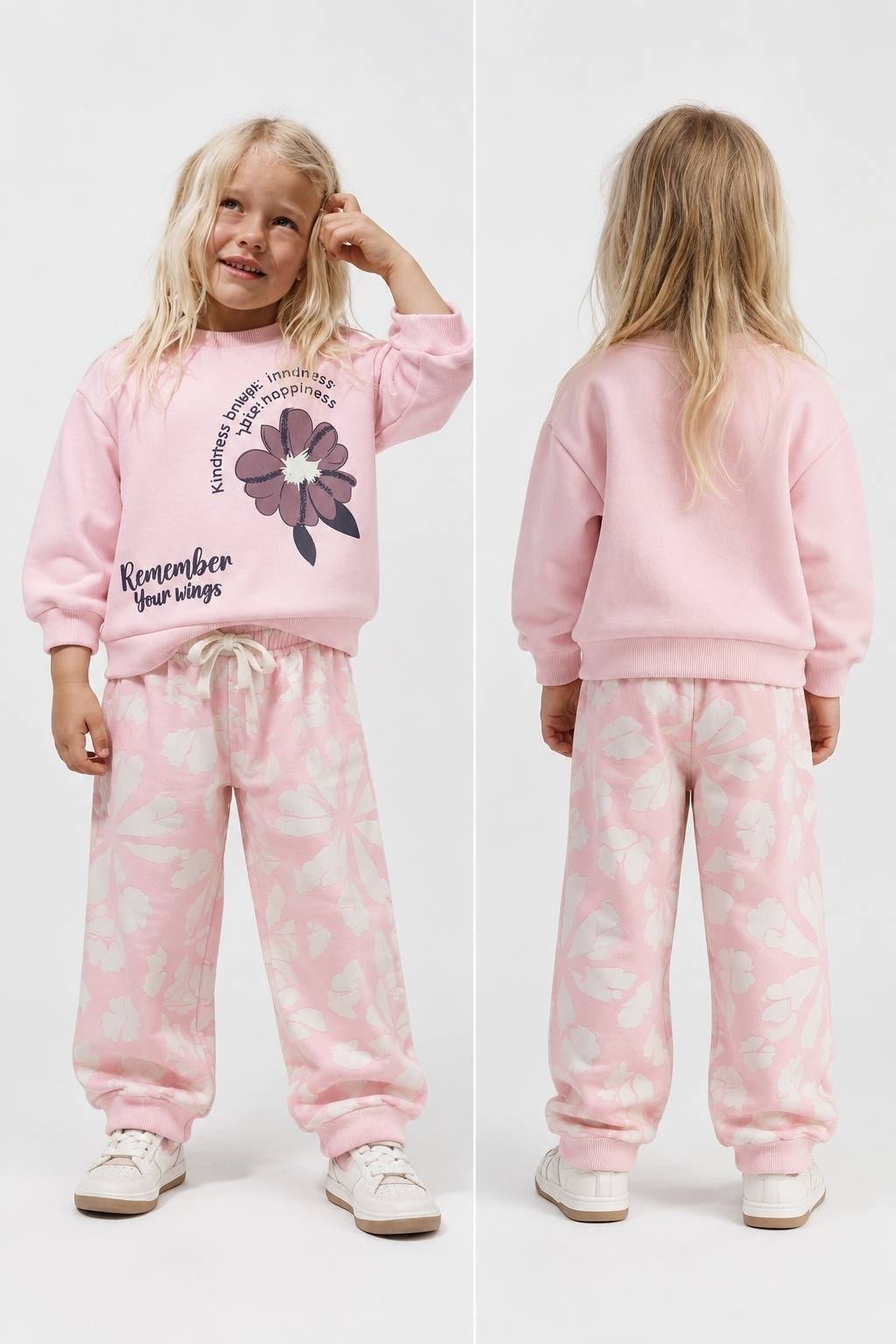 Remember Your Wings Çiçek Baskılı Pembe Sweatshirt Desenli Eşofman Altı 3İp AltÜst Takım