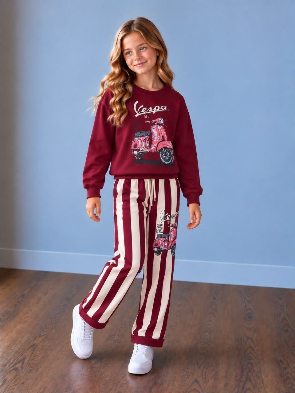 Scooter Baskılı Bordo Çizgili Sweatsihrt & Eşofman Alt Üst Takım