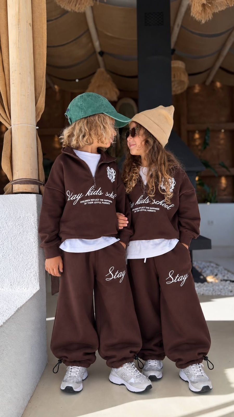 Stay Kids School Baskılı Dik Yaka Yarım Fermuarlı Unisex Kahverengi Alt Üst 3ip Kumaş Eşofman Takım Sweat&Eşofman