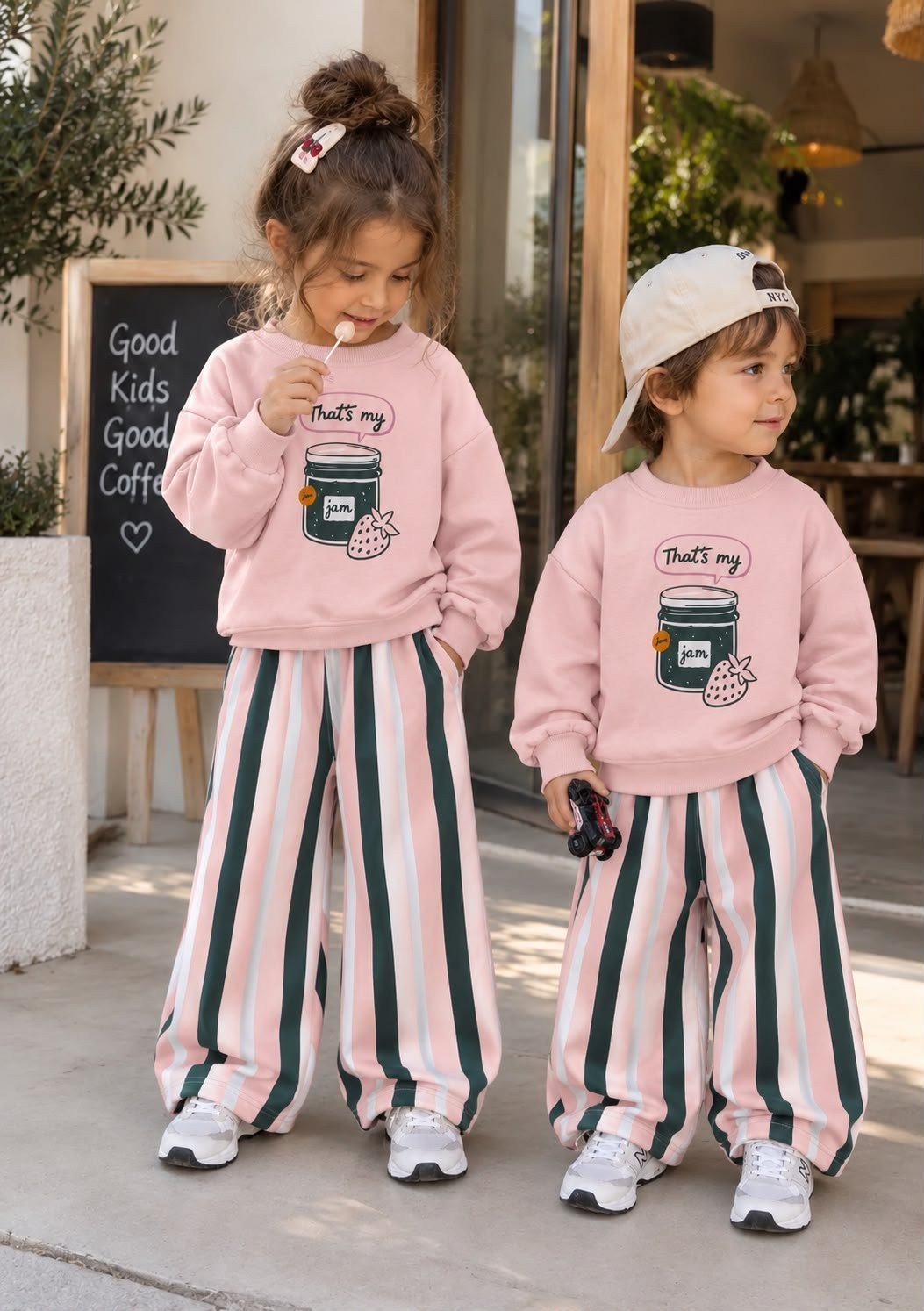 That's My Jam Çilek Baskılı Sweatshirt Çizgili Eşofman 3İp Alt Üst Takım