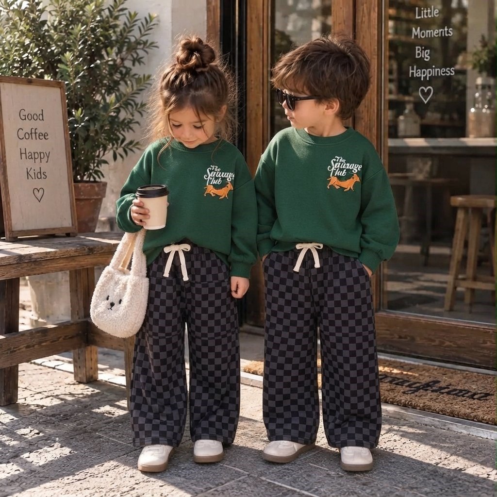 The Sausage Club Sosis Köpek Baskılı Yeşil Sweatshirt  Füme Gri Damalı Kareli Eşofman Altı Kız&Erkek Çocuk Takım