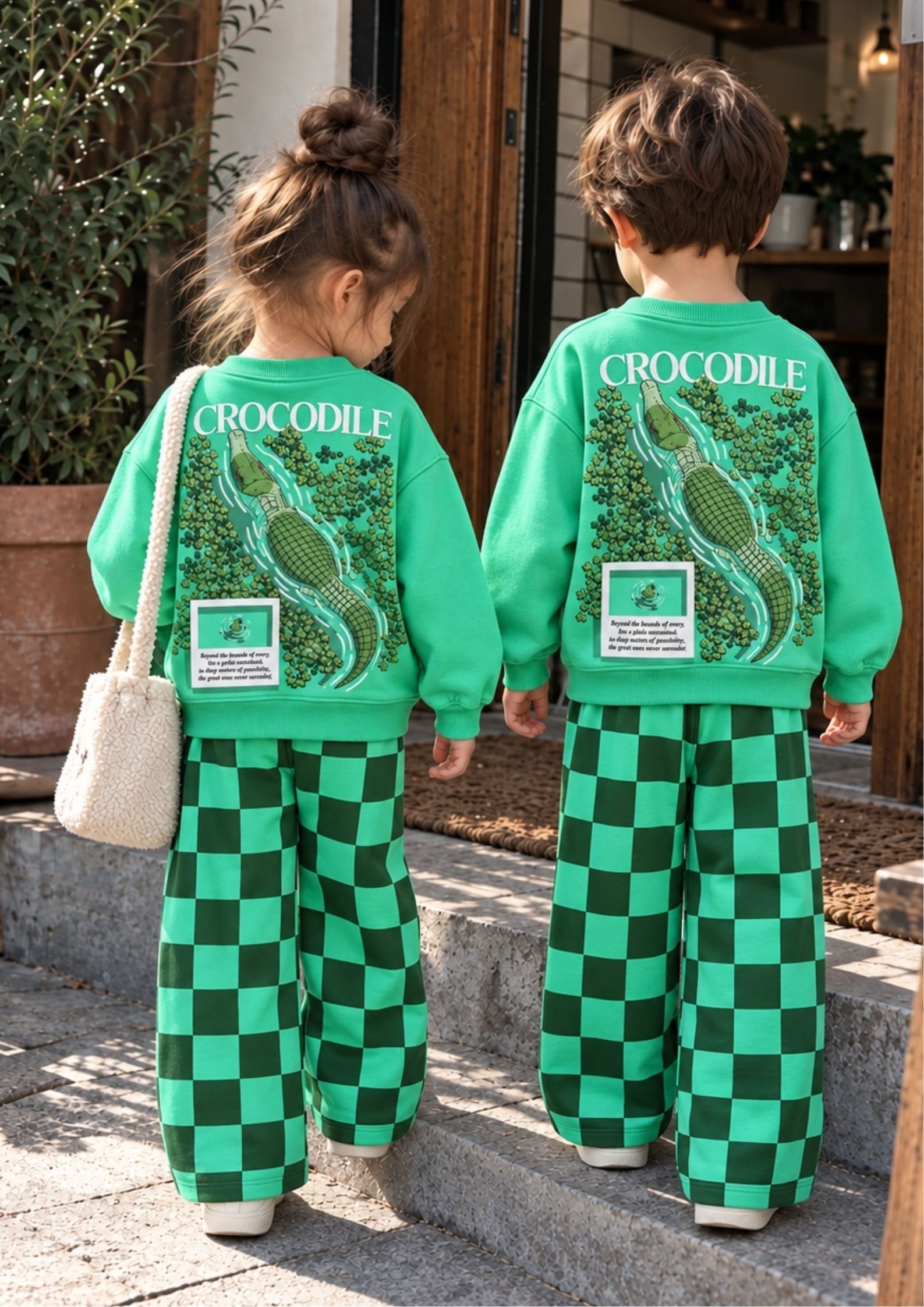 Timsah Kabartma Baskılı Sweatshirt Kareli Eşofman Kız & Erkek Çocuk 3İp Alt Üst Takım