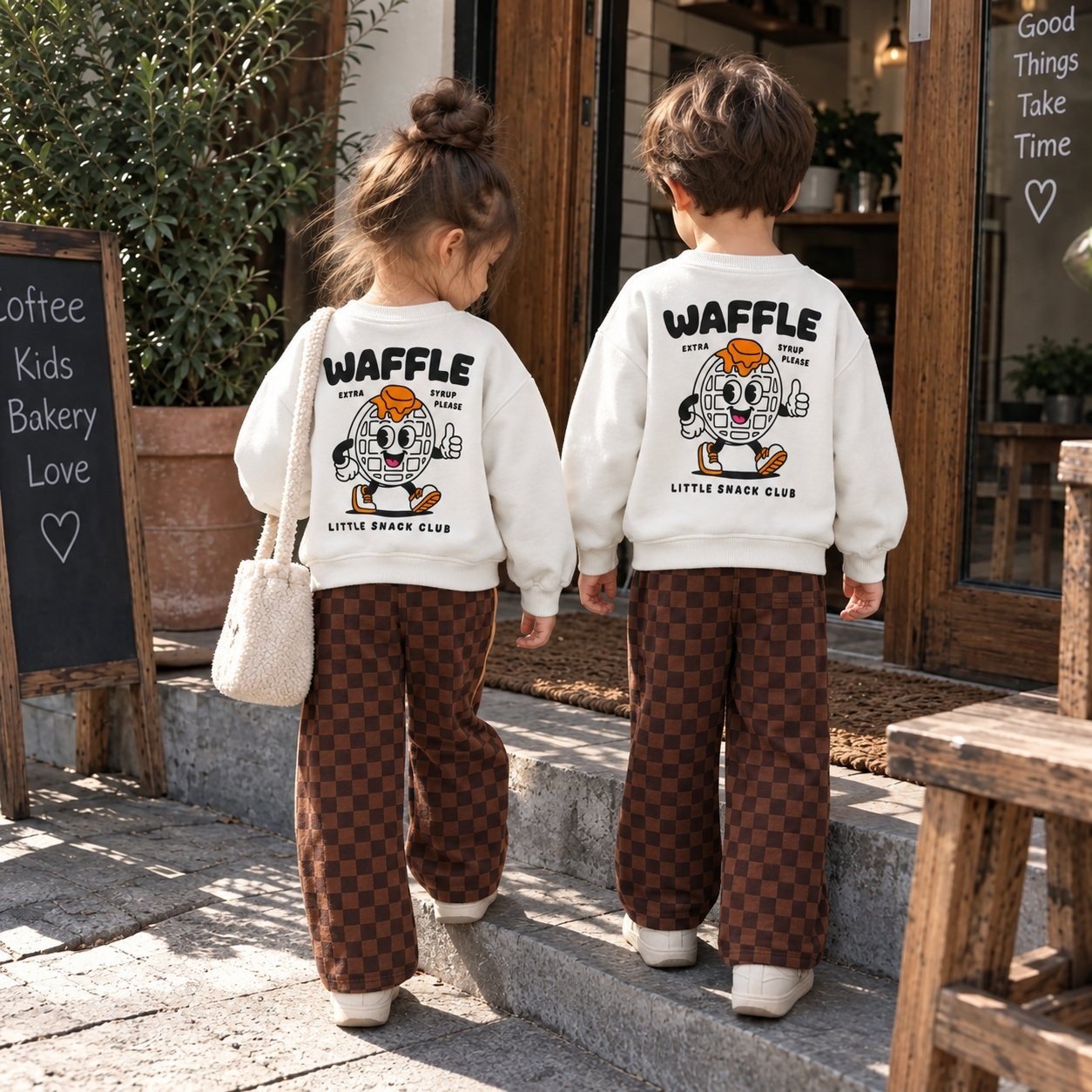 Waffle Baskılı Sweatshirt ve Kahverengi Kareli Eşofman Alt Üst Takım Süper Kalite