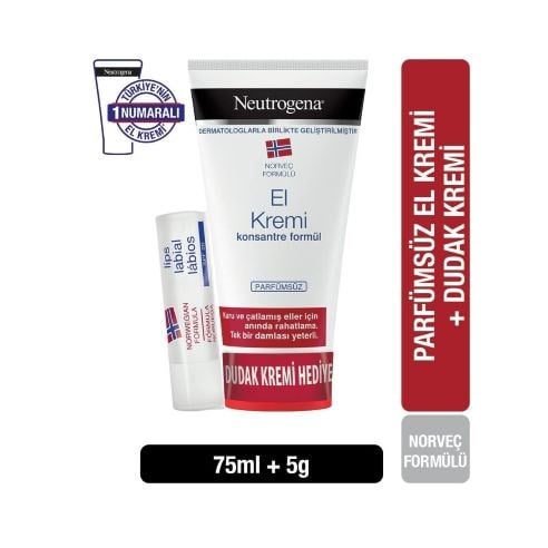 Norveç Formülü El ve Dudak Bakım Seti — Konsantre Kokusu Olmayan El Kremi 75 ml + Dudak Balmı Stick 4,8 g