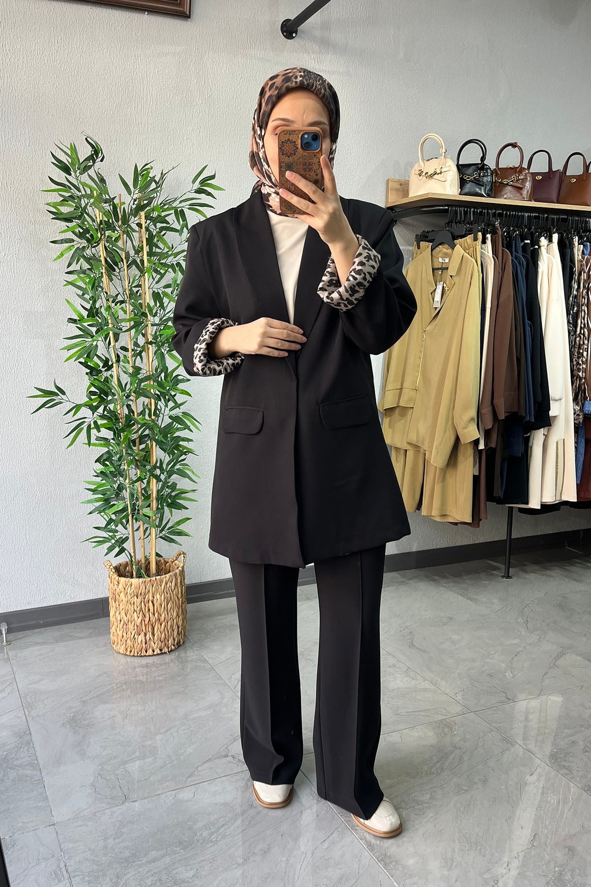 Leopar Astarlı Double Kadın Ceket Siyah