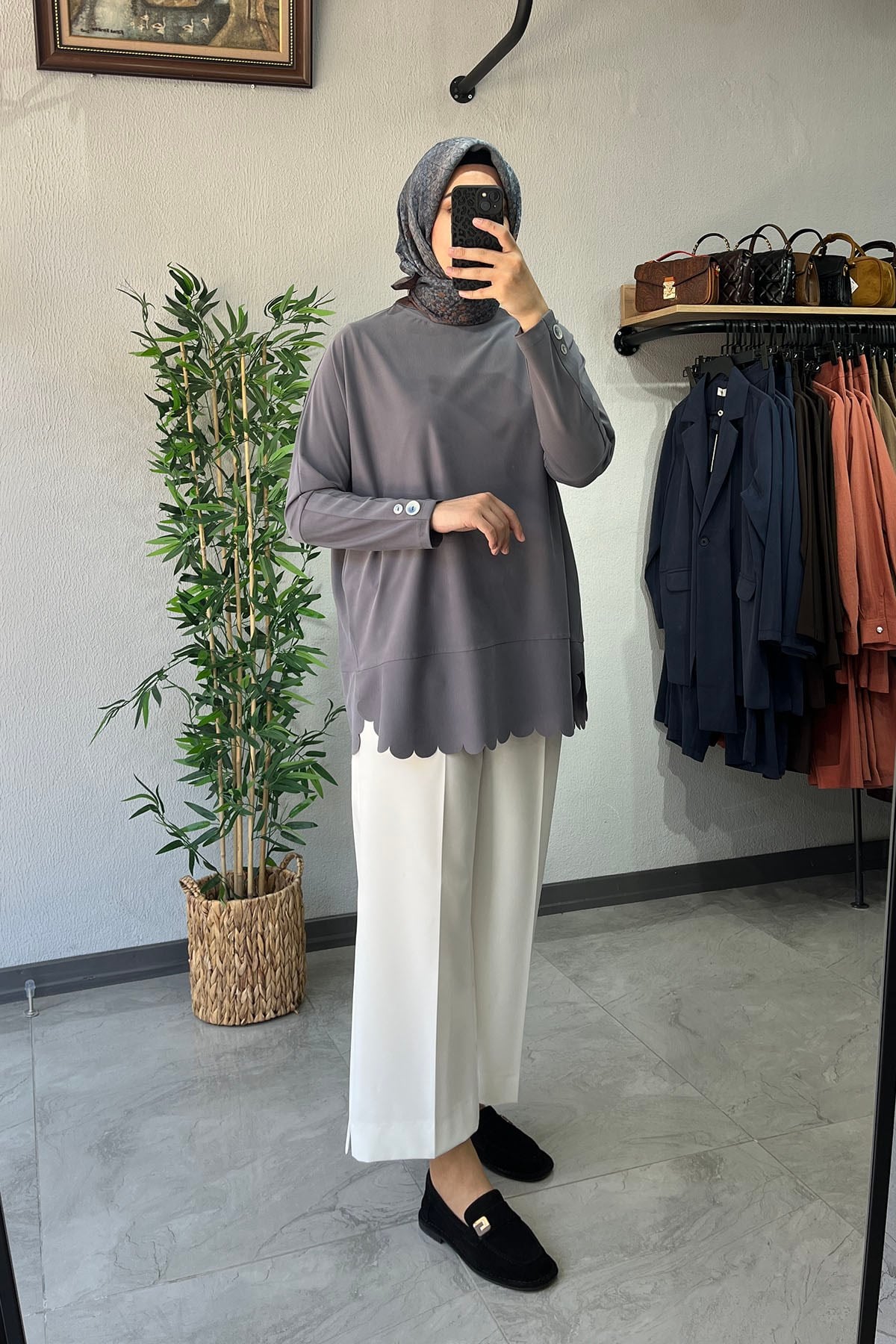 Tığ Triko Oversize Tunik Antrasit