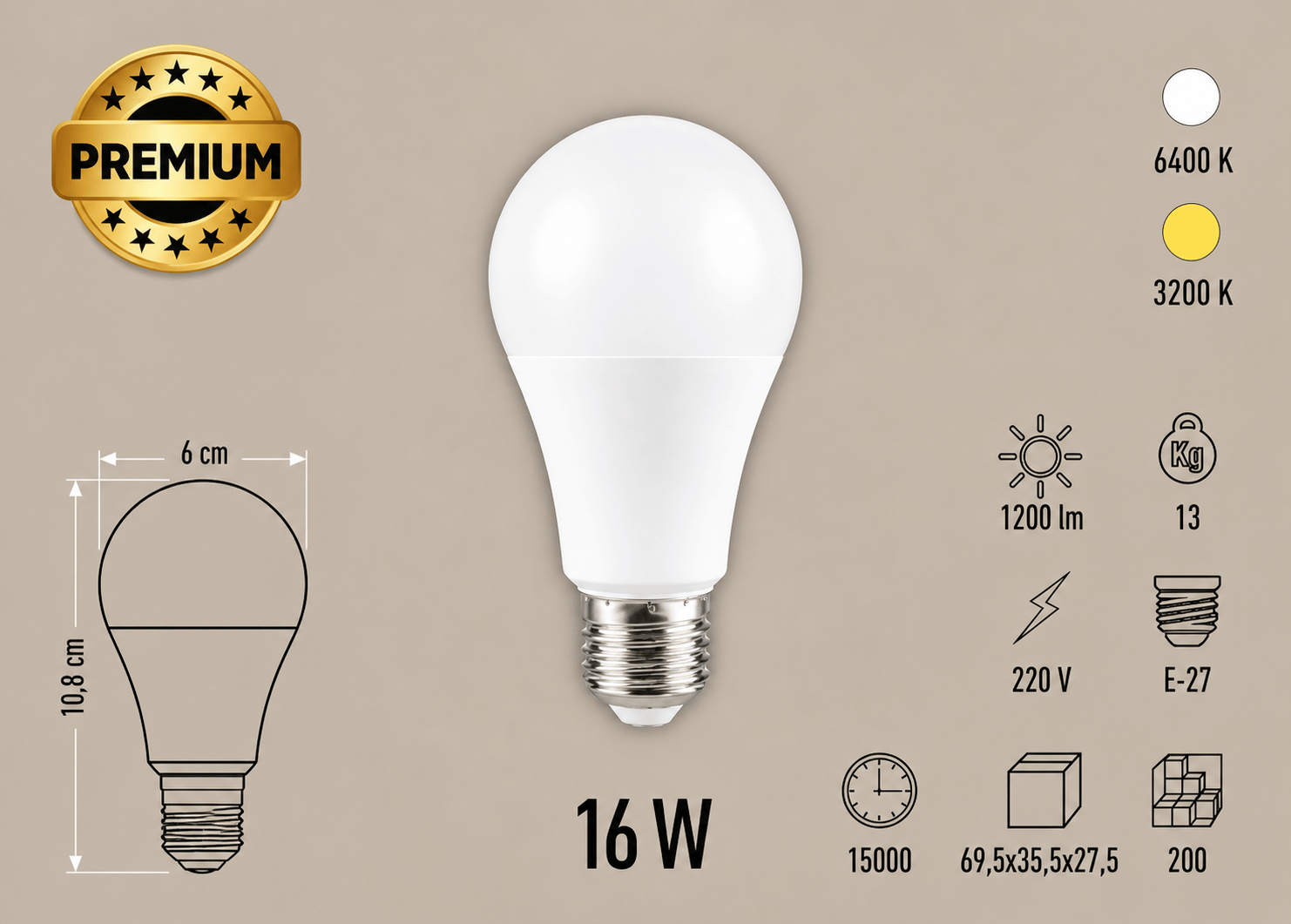 Cata CT-4178 LED Ampul 16W E27 3200K / 6400K