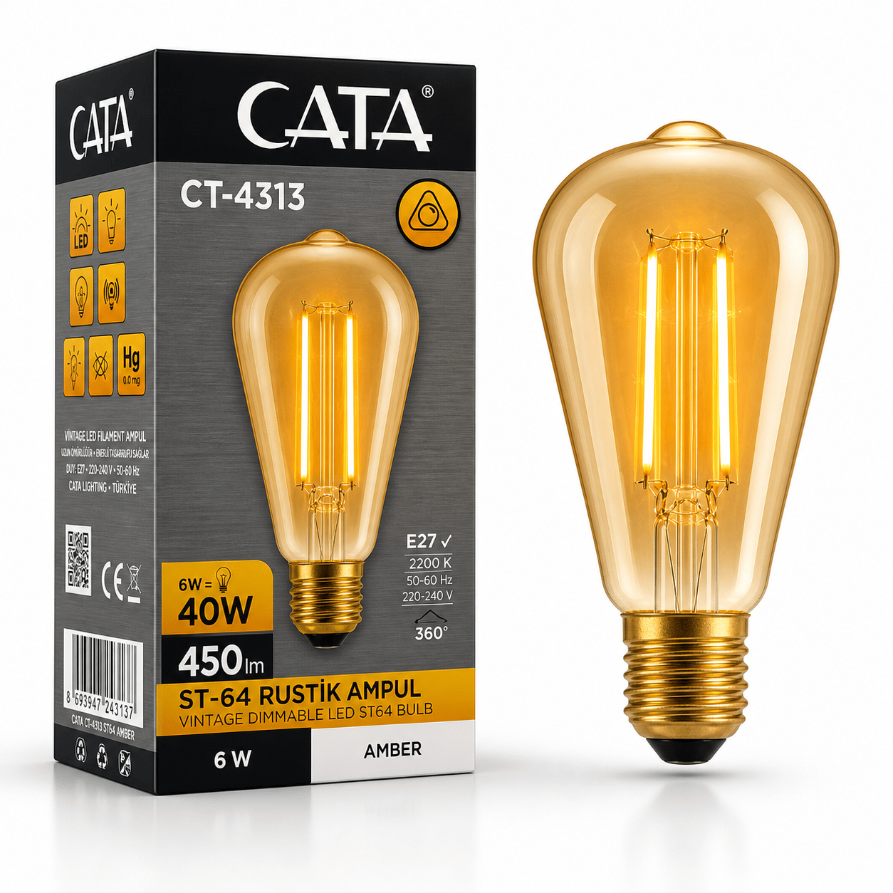 Cata CT-4313 Dimmerli LED Filament Ampul 6W E27 Amber