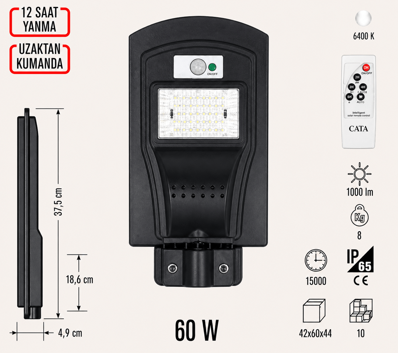 CATA CT-4690 Solar Sokak 60W 12 Saat Yanma Uzaktan Kumanda