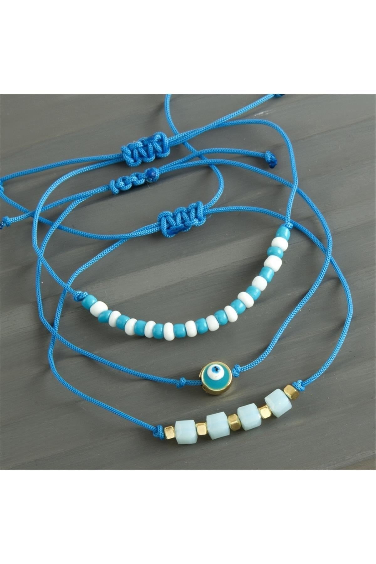 3 Adet Nazar Kristal Makrome İp Bileklik