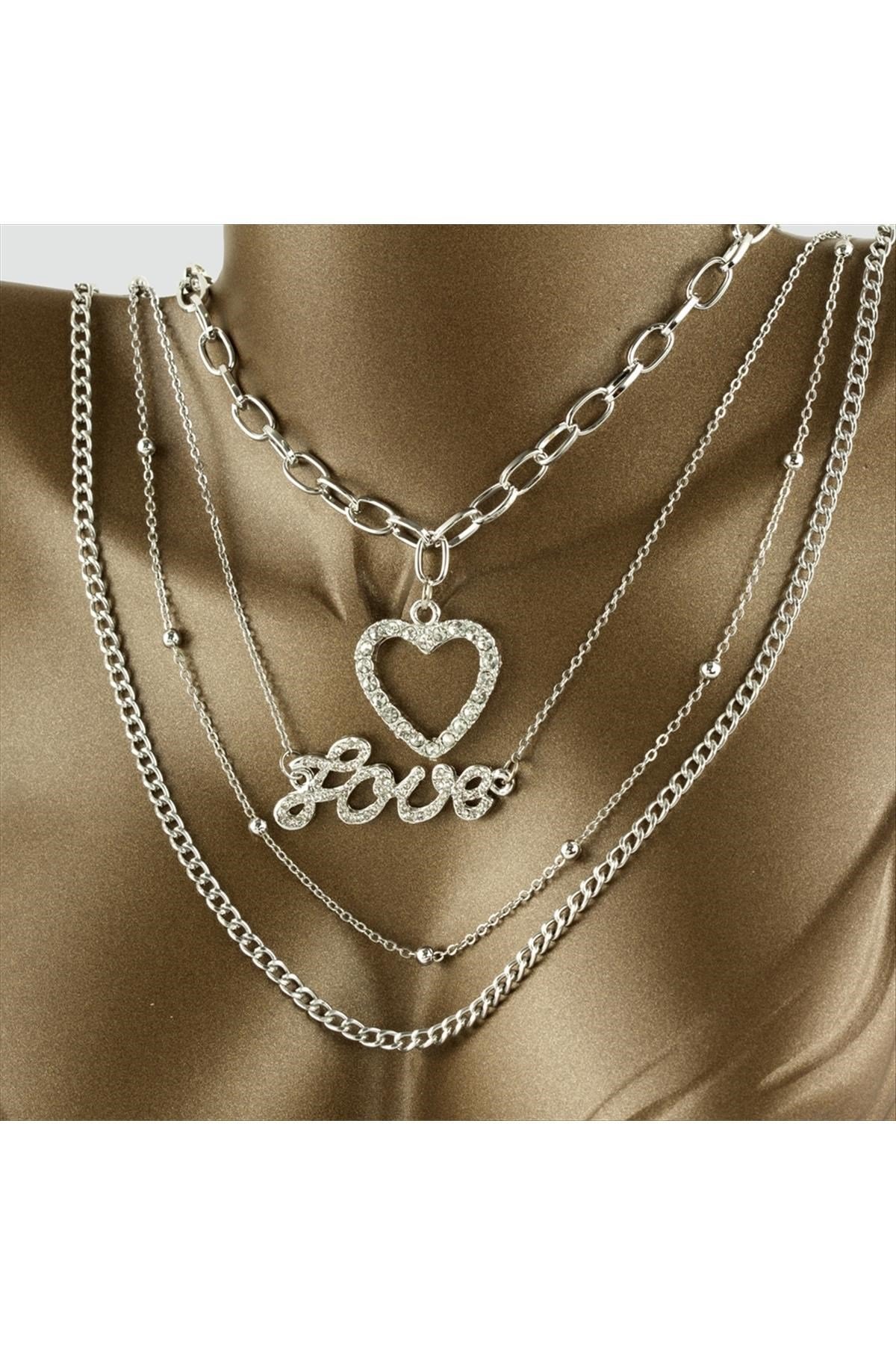 3'lü Love Yazılı Kalp Figürlü Lüks Trend Kolye
