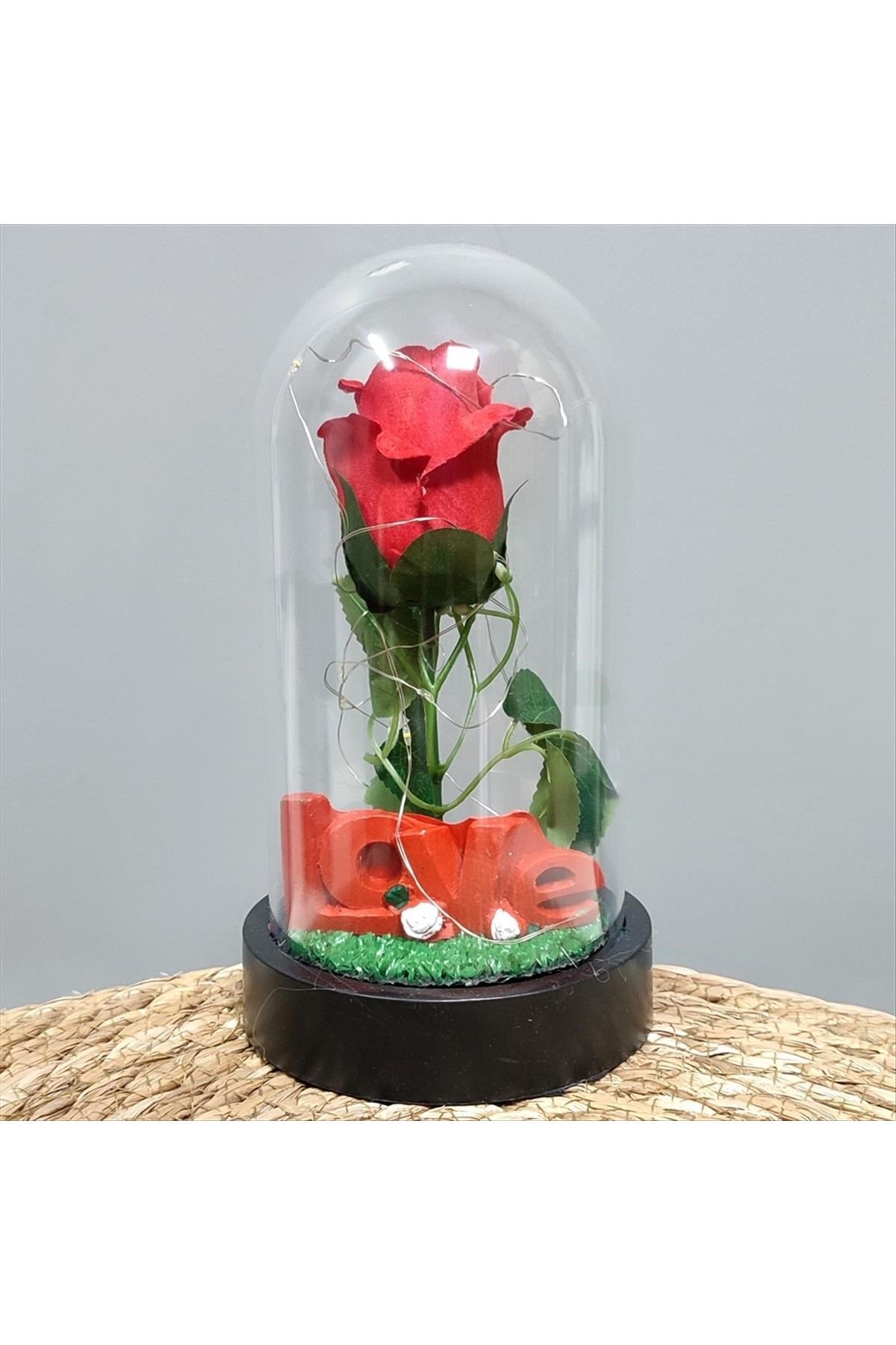 Güllü Love Yazılı Işıklı Hediye Fanus