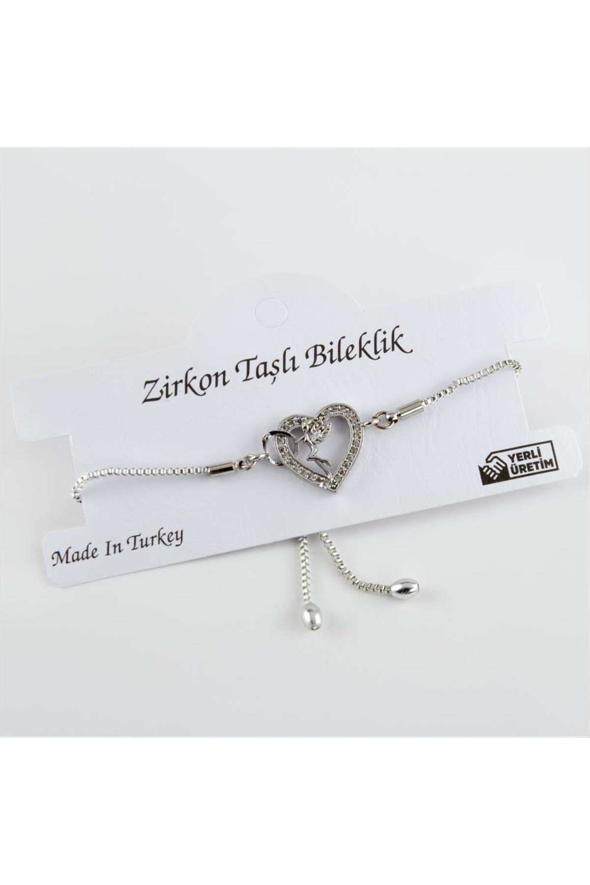 Kalp Figürlü Zirkon Taşlı Asansörlü Bileklik