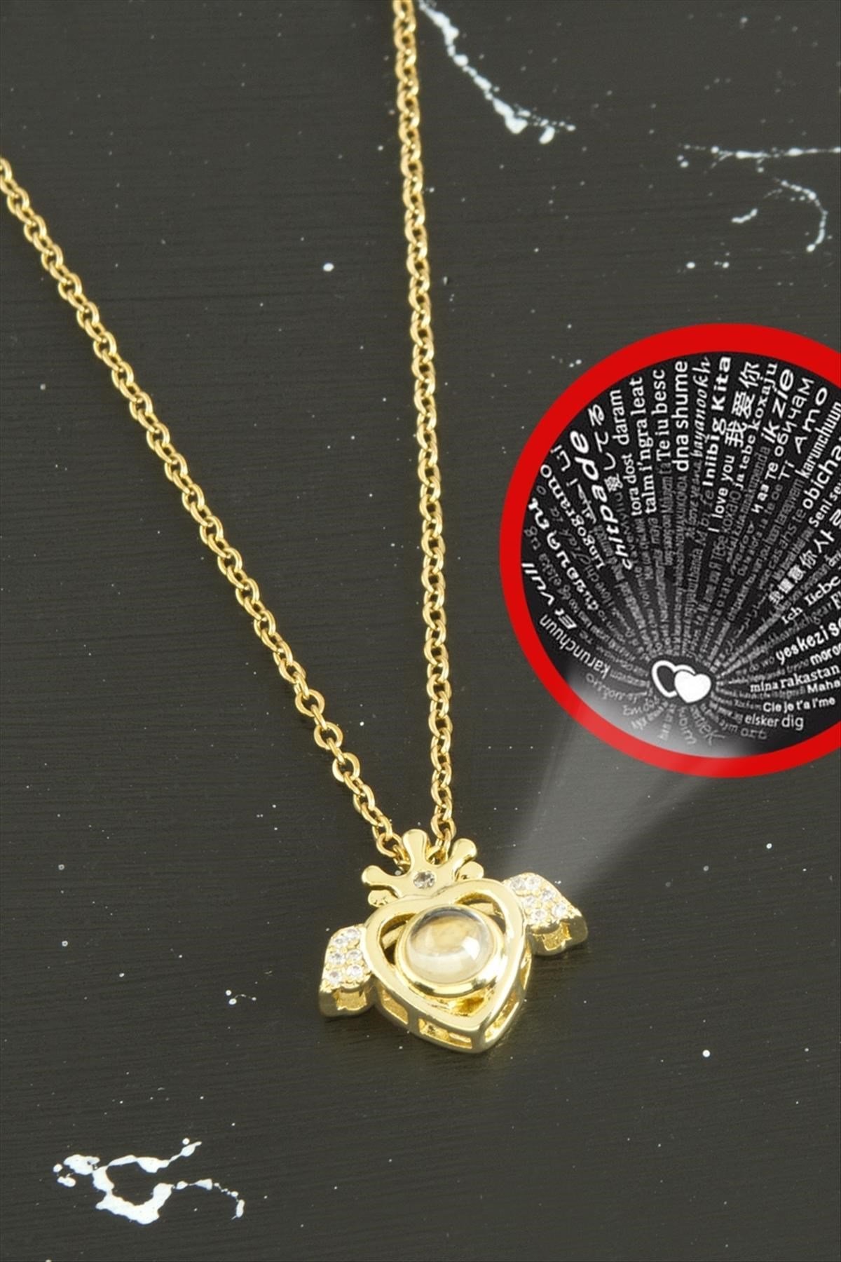 Kalp Kanat Lüks Çelik Kolye 100 Dilde Seni Seviyorum