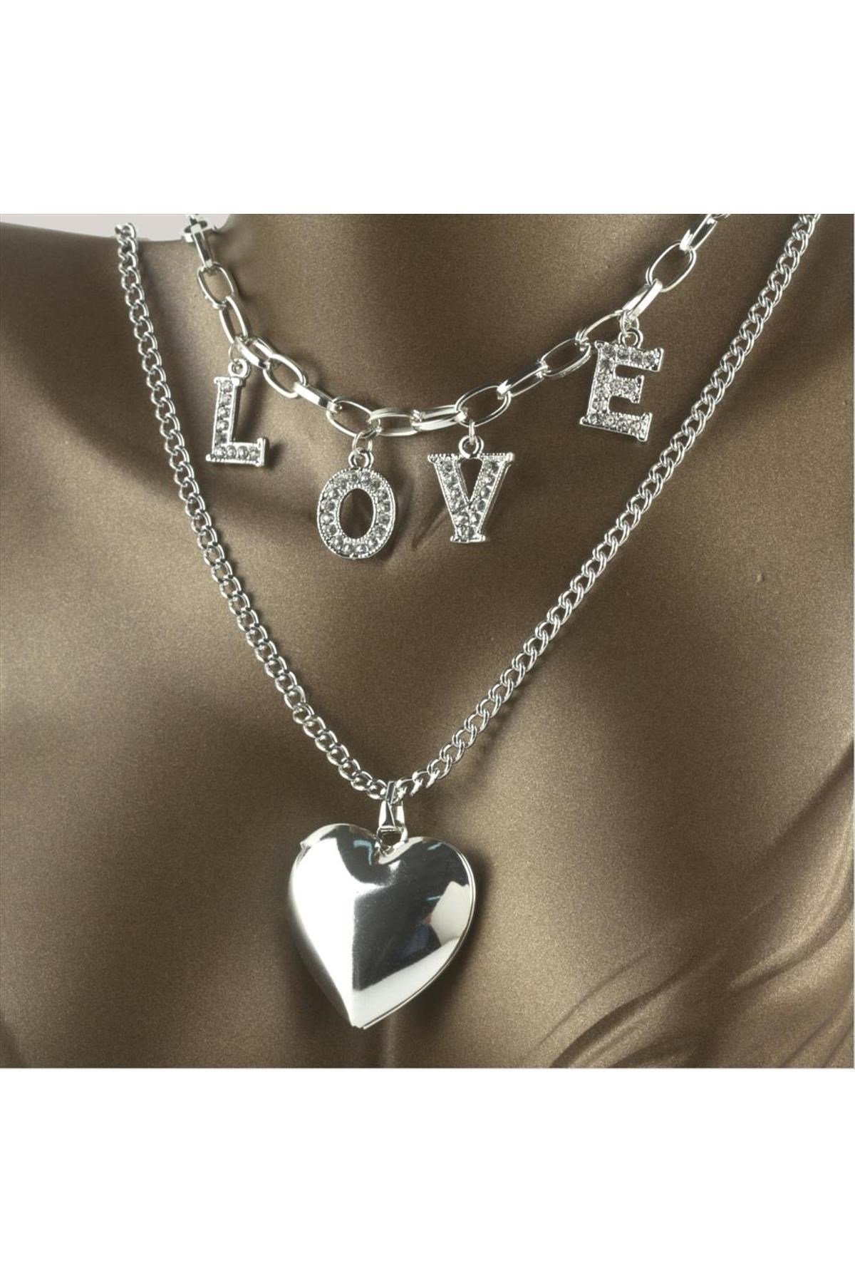 Love Yazılı Kapaklı Kalp Lüx Trend İkili Kolye