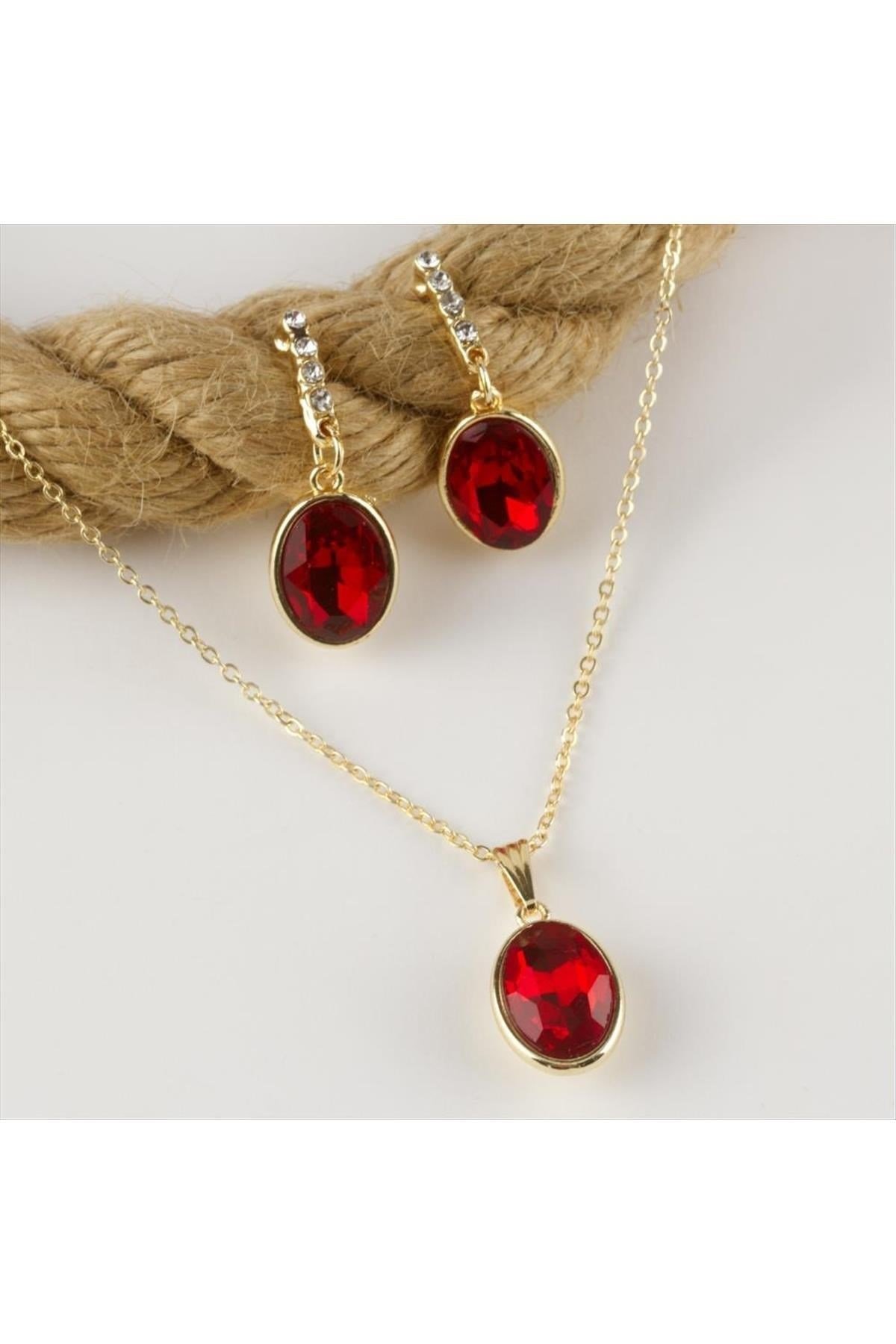 Oval Figürlü Taşlı Set Kolye 1,5 cm