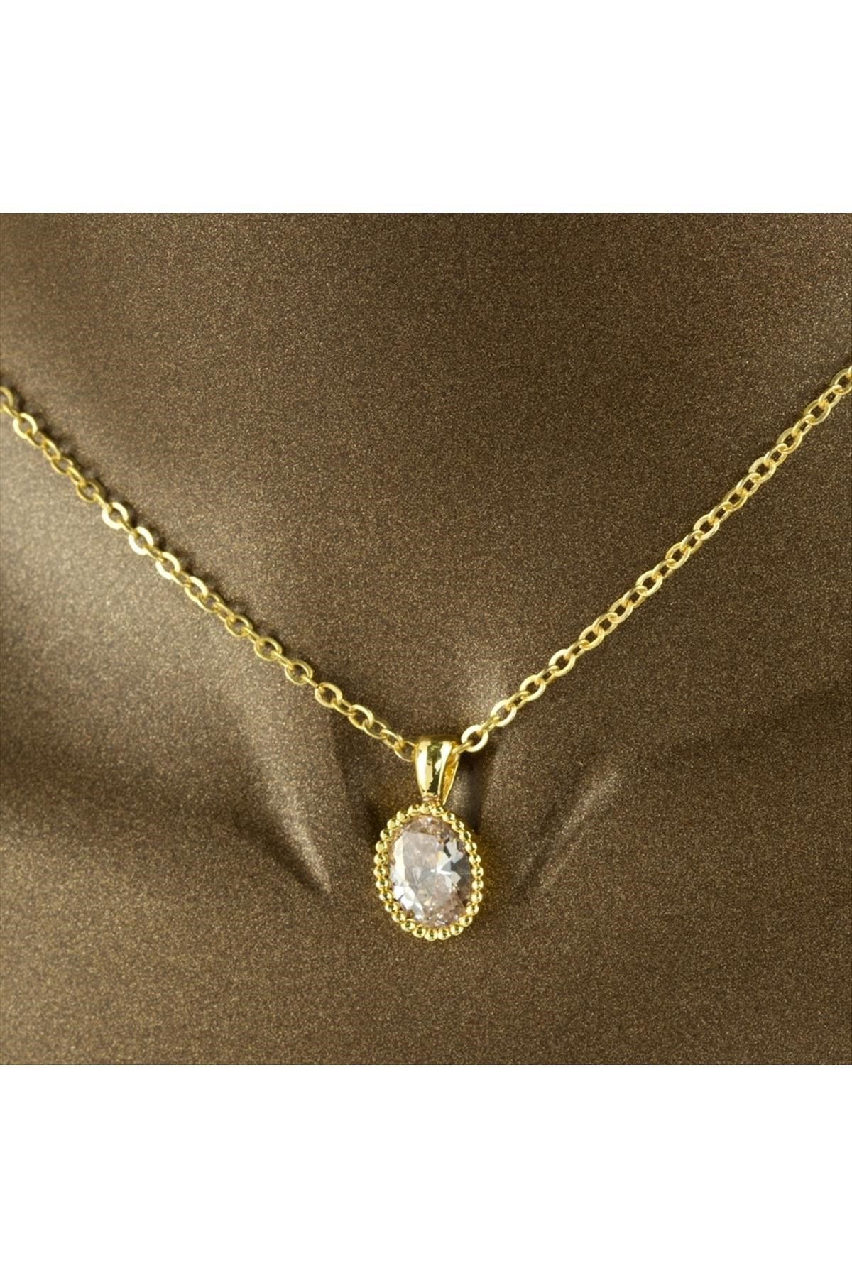 Oval Figürlü Zirkon Tek Taş Kolye 10 mm