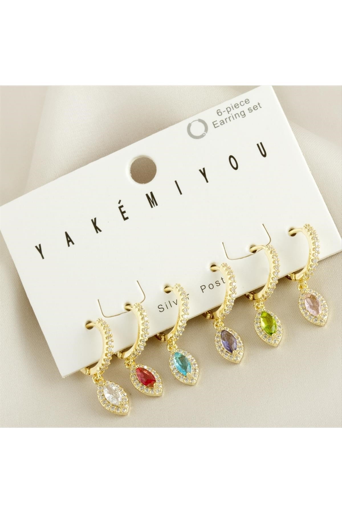 Yakemiyou 6 Adet Oval Zirkon Taşlı Lüks Çelik Küpe