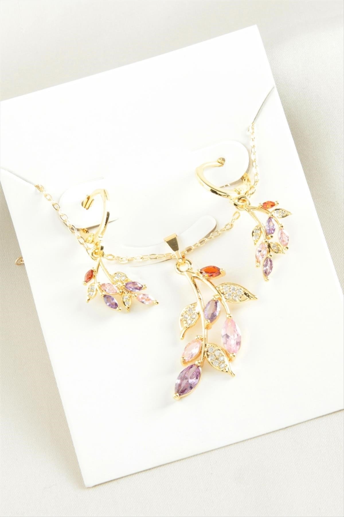 Yaprak Zirkon Taşlı Set Kolye