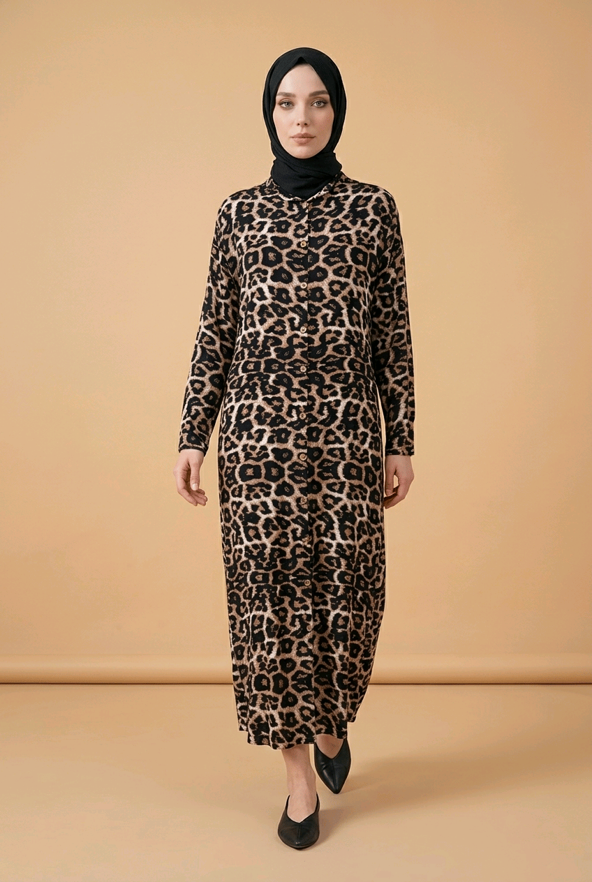Leopar Desenli Viskon Elbise