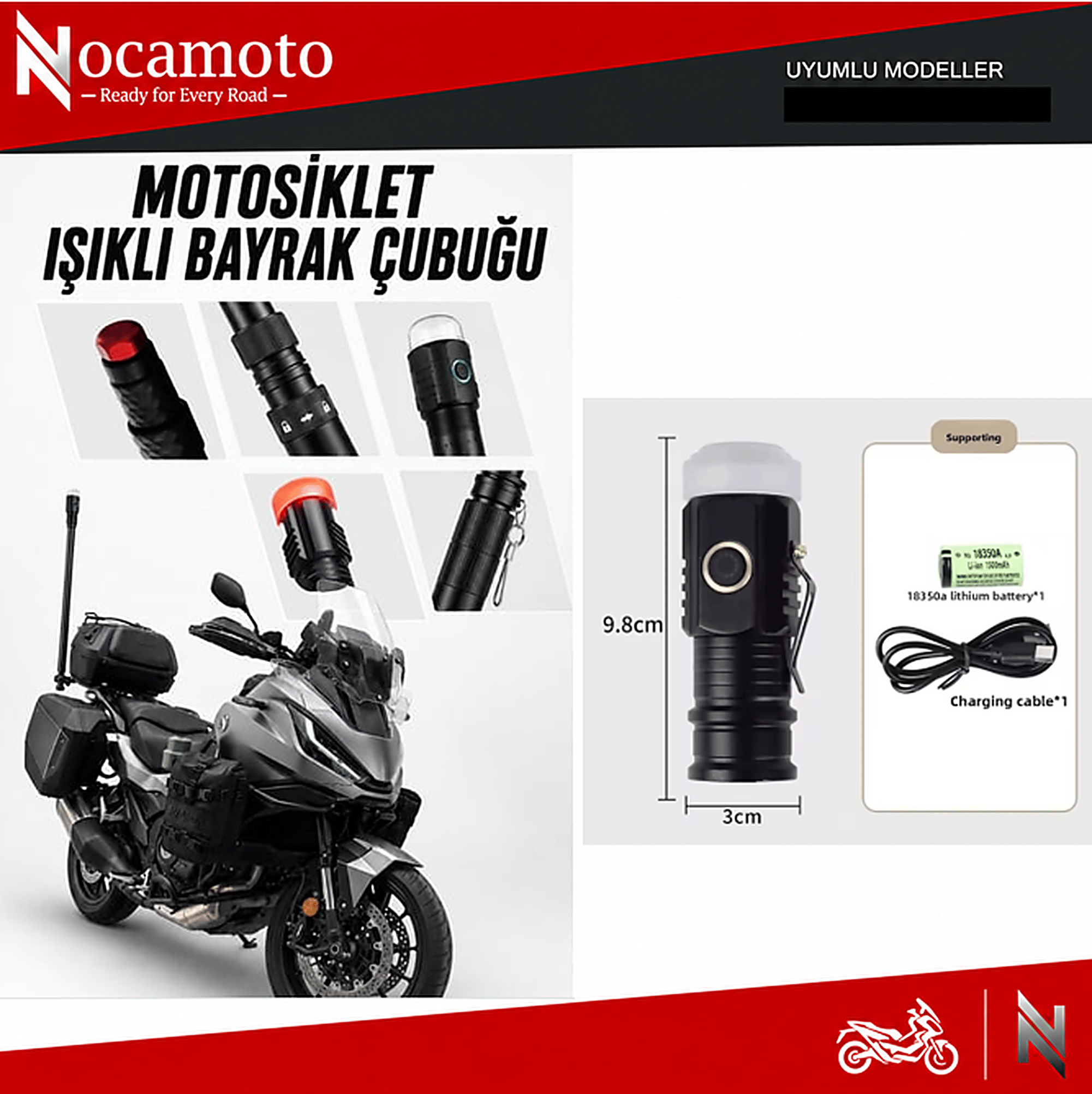 Motosiklet Çiftli Teleskobik Bayrak Direği 3 Mod Işıklı Kamera AparatlıMotosiklet Bayrak Direği Tekli, 3 Mod Işıklı, Bayrak, Aksiyon Kamera Bağlantı Noktaları, Şarjlı Teleskobik 