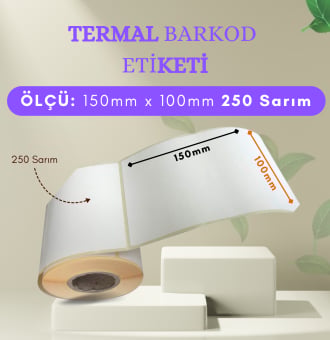 150x100 mm Barkod Termal Etiket 250 Net Sarım 5 Rulo (250 Sarım x 5 Rulo Toplam 1.250 Sarım)
