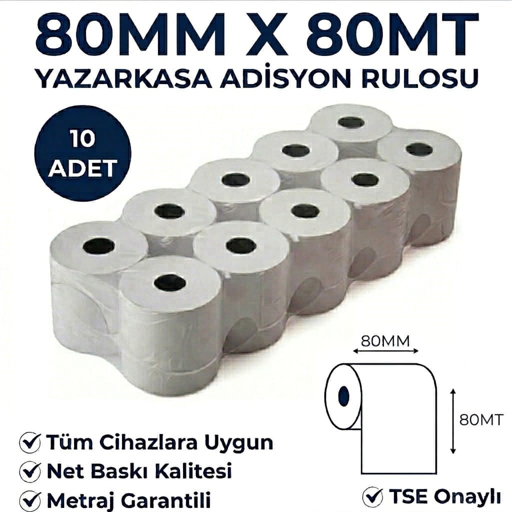 Yazarkasa / Termal Adisyon Fişi Pos Rulosu 80 MM x 80 MT 10 Adet