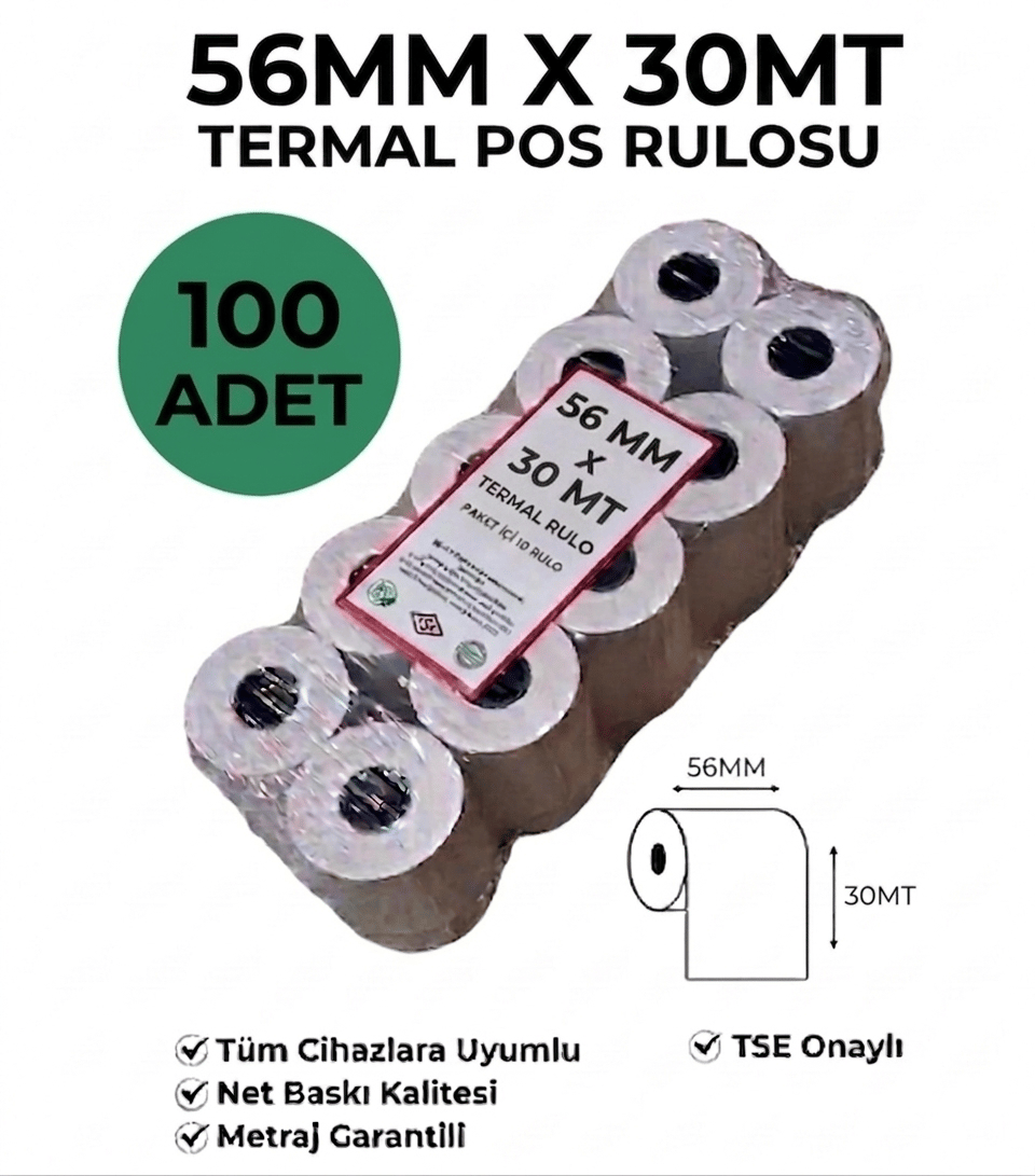 Yazarkasa / Termal Pos Rulosu 56 MM x 30 MT 100 Adet