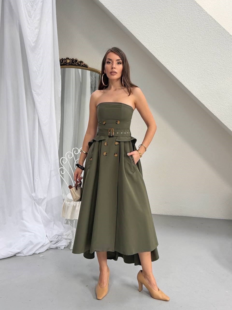 Cotton Trench Straplez Midi Boy Bel Kemerli Haki ve Lacivert Elbise Modeli