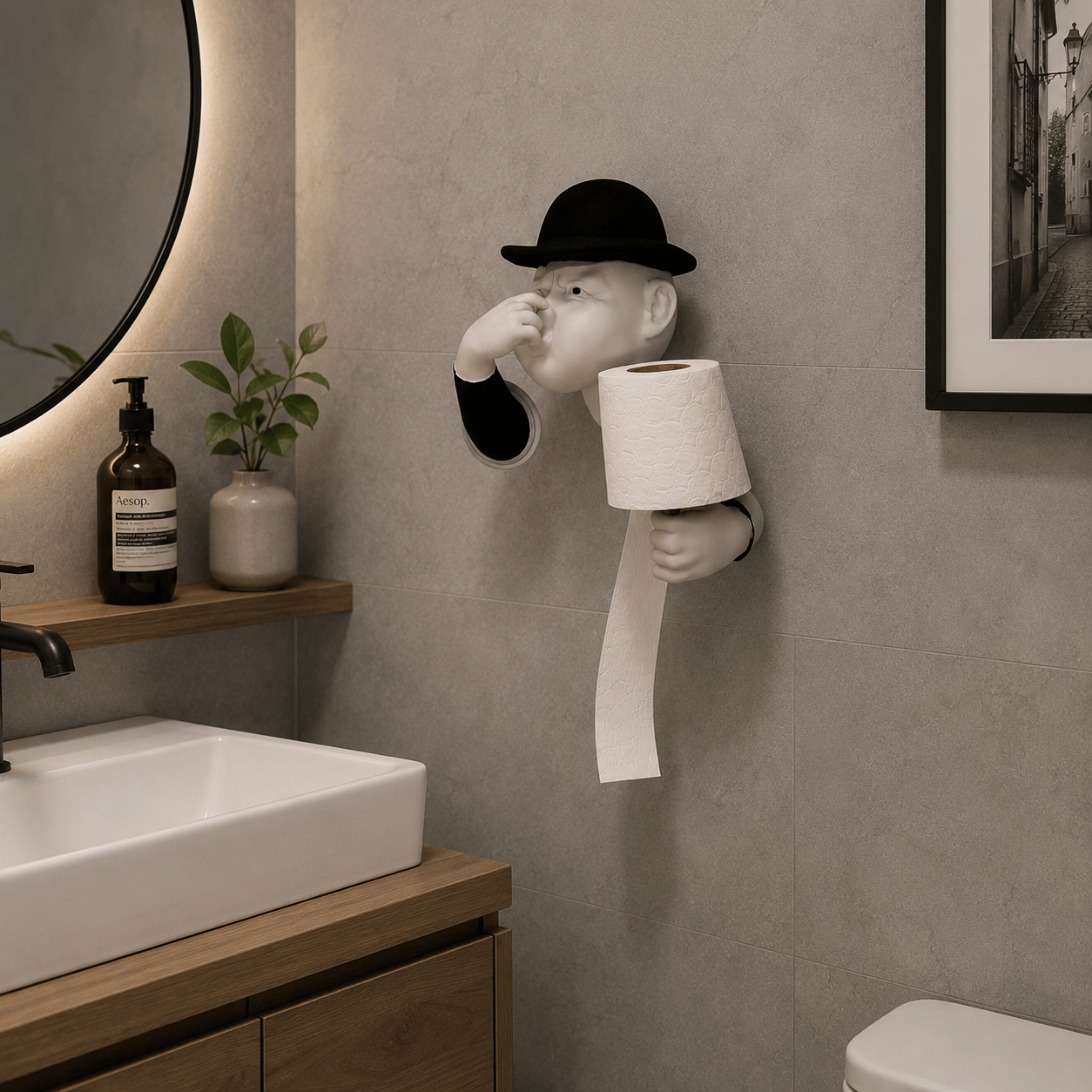3D İnsan Figürlü Tuvalet Kağıdı Askılığı – Eğlenceli Banyo Dekoru Siyah