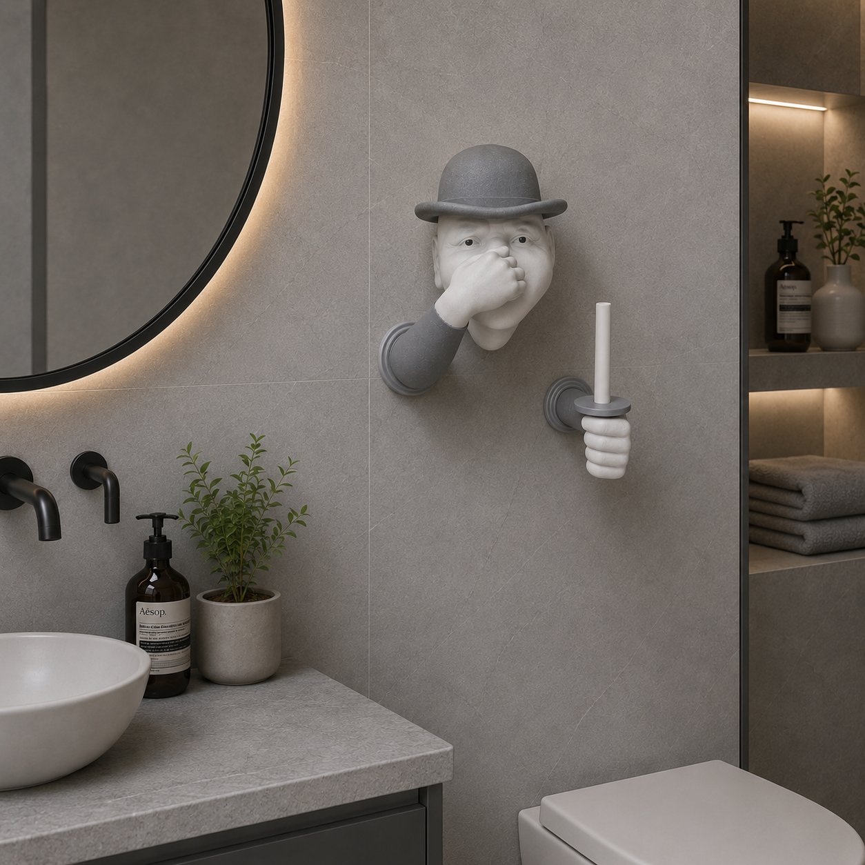 3D İnsan Figürlü Tuvalet Kağıdı Askılığı – Eğlenceli Banyo Dekoru Gri