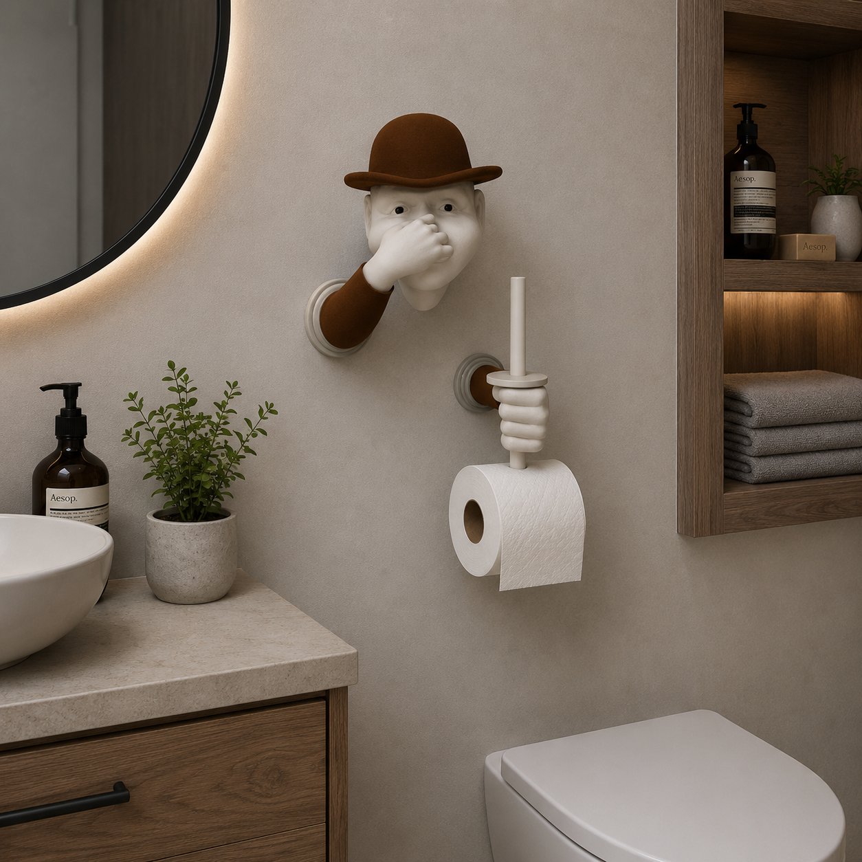 3D İnsan Figürlü Tuvalet Kağıdı Askılığı – Eğlenceli Banyo Dekoru Kahverengi