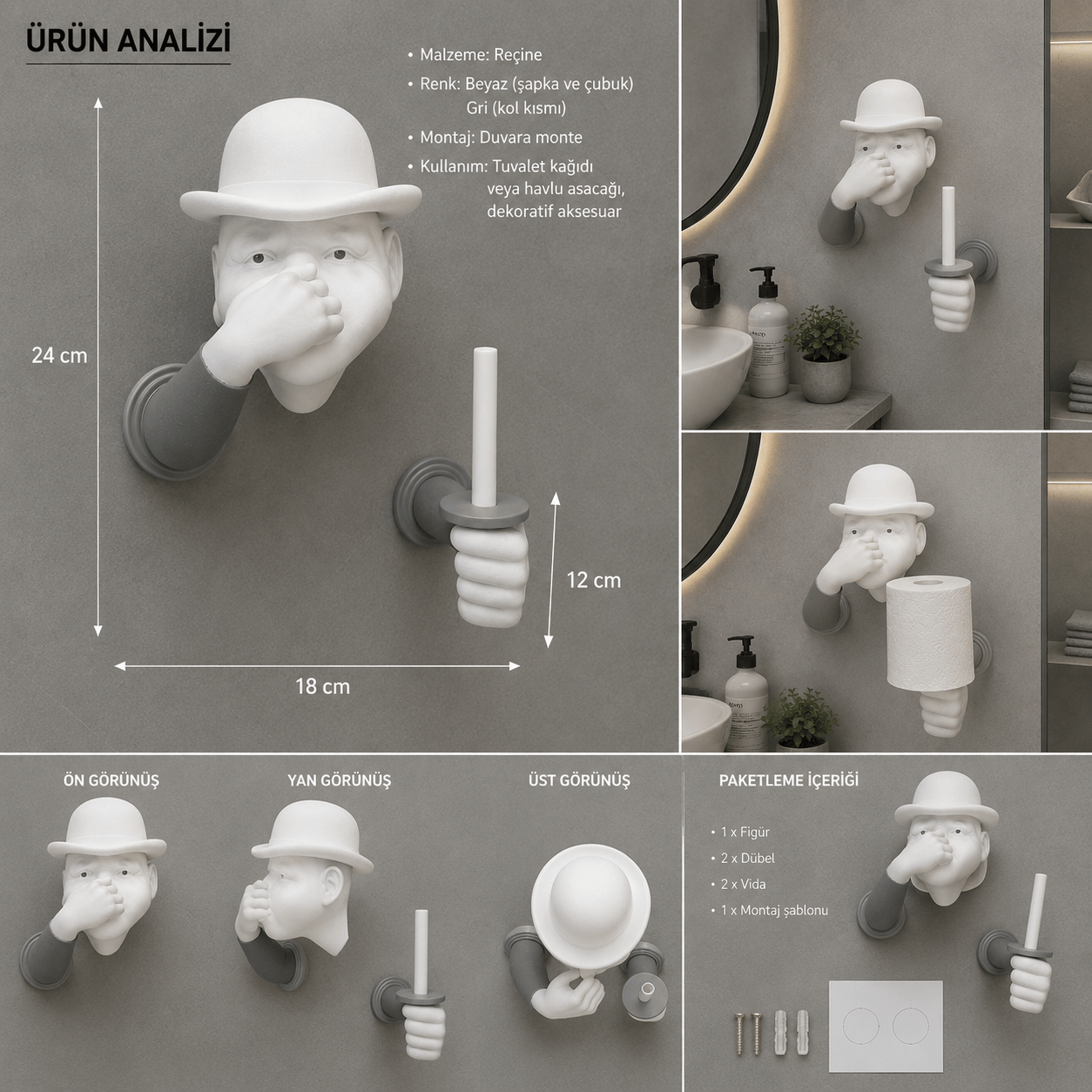 3D İnsan Figürlü Tuvalet Kağıdı Askılığı – Eğlenceli Banyo Dekoru Gri