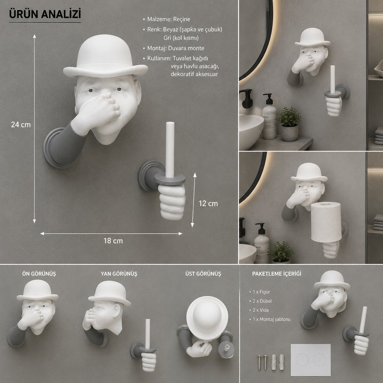3D İnsan Figürlü Tuvalet Kağıdı Askılığı – Eğlenceli Banyo Dekoru Siyah
