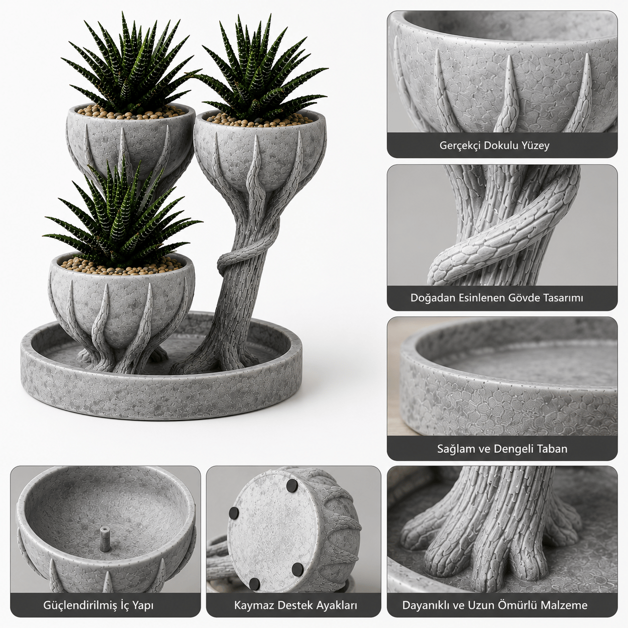 3D Üçlü Hand Of Tree Mermer Desenli Vazo