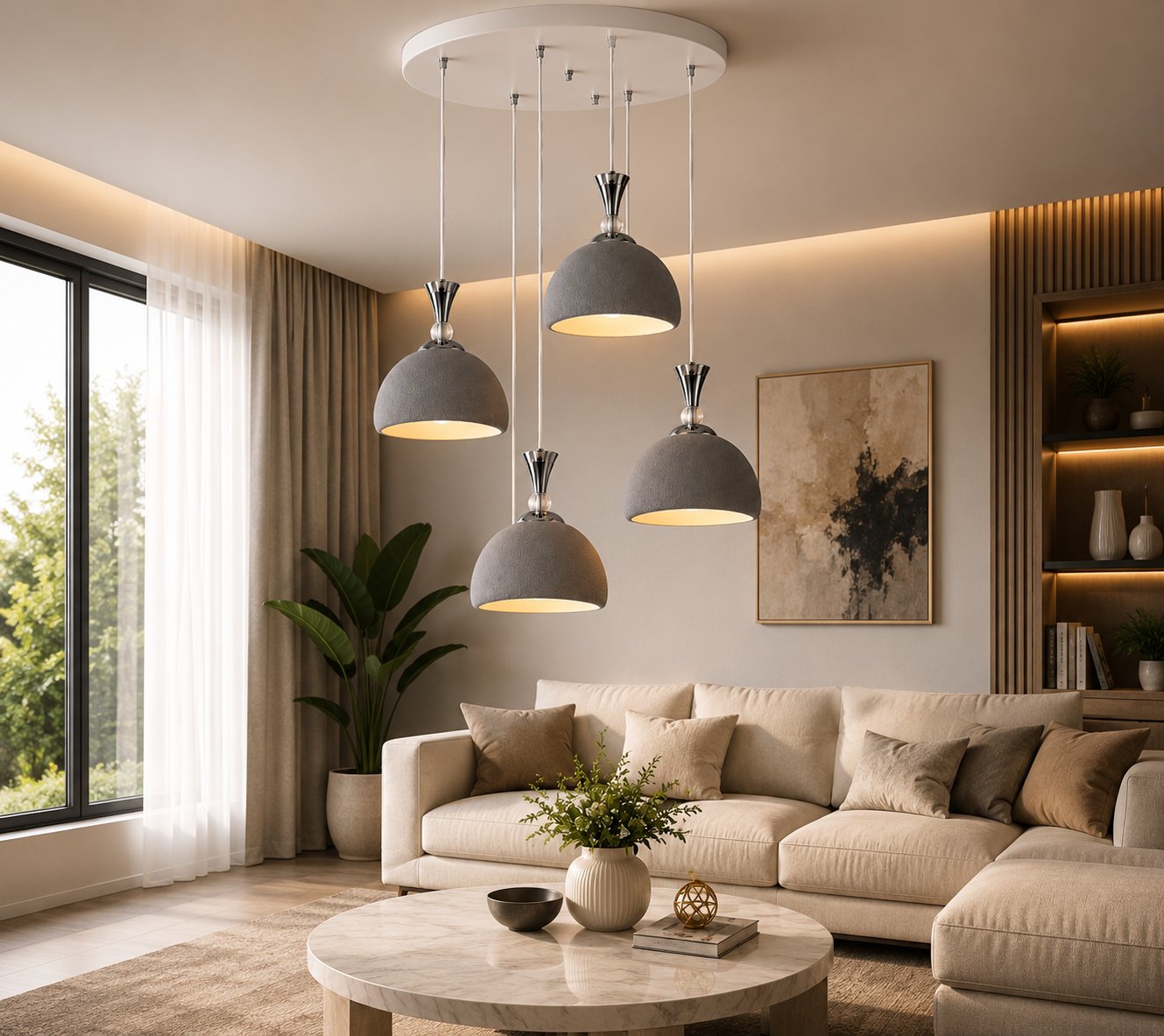 5'li Modern Sarkıt Avize – Beton Görünümlü 3D Dekoratif Tavan Aydınlatması