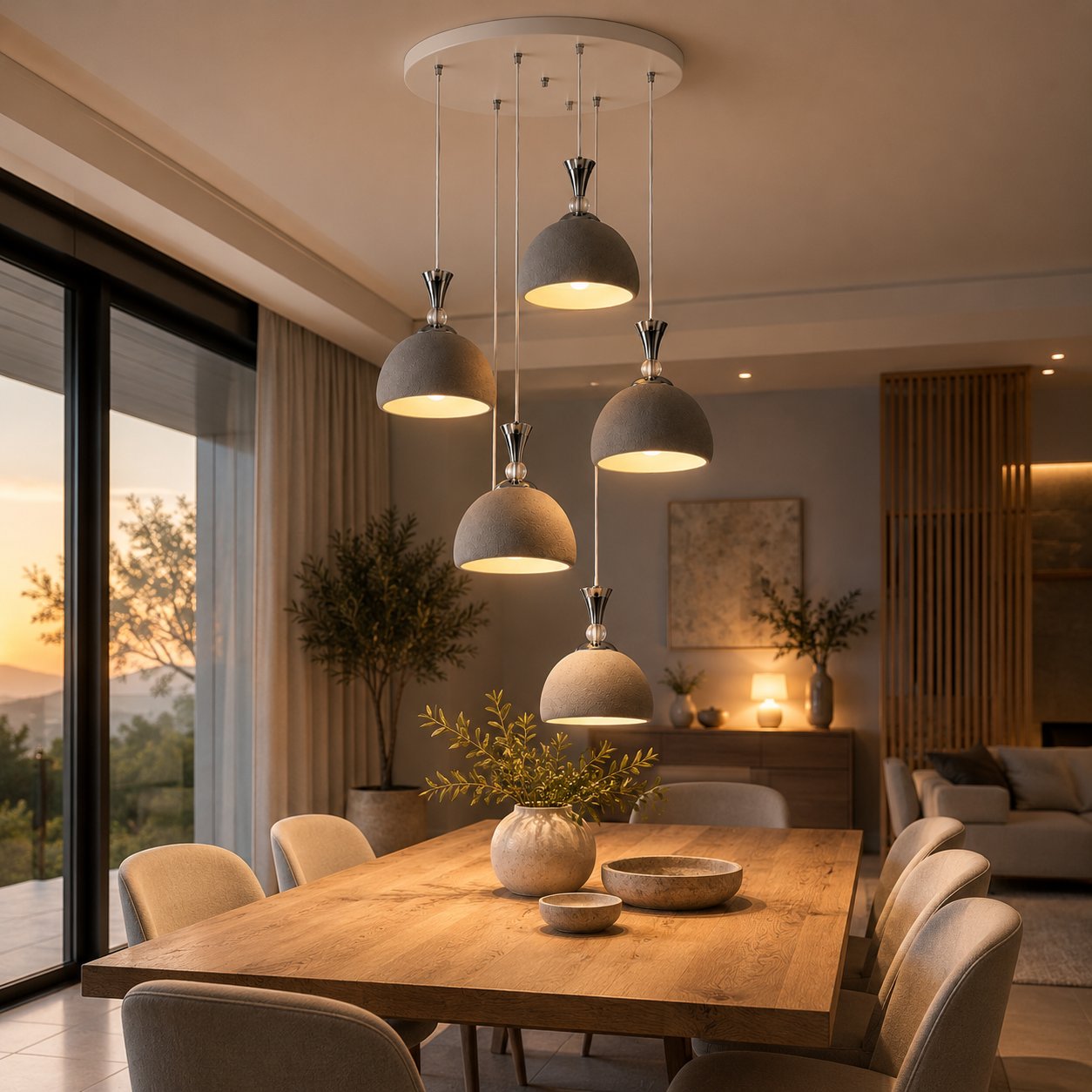 5'li Modern Sarkıt Avize – Beton Görünümlü 3D Dekoratif Tavan Aydınlatması