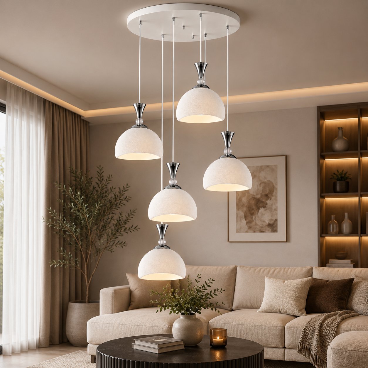 5'li Modern Sarkıt Avize – Beton Görünümlü 3D Dekoratif Tavan Aydınlatması Beyaz
