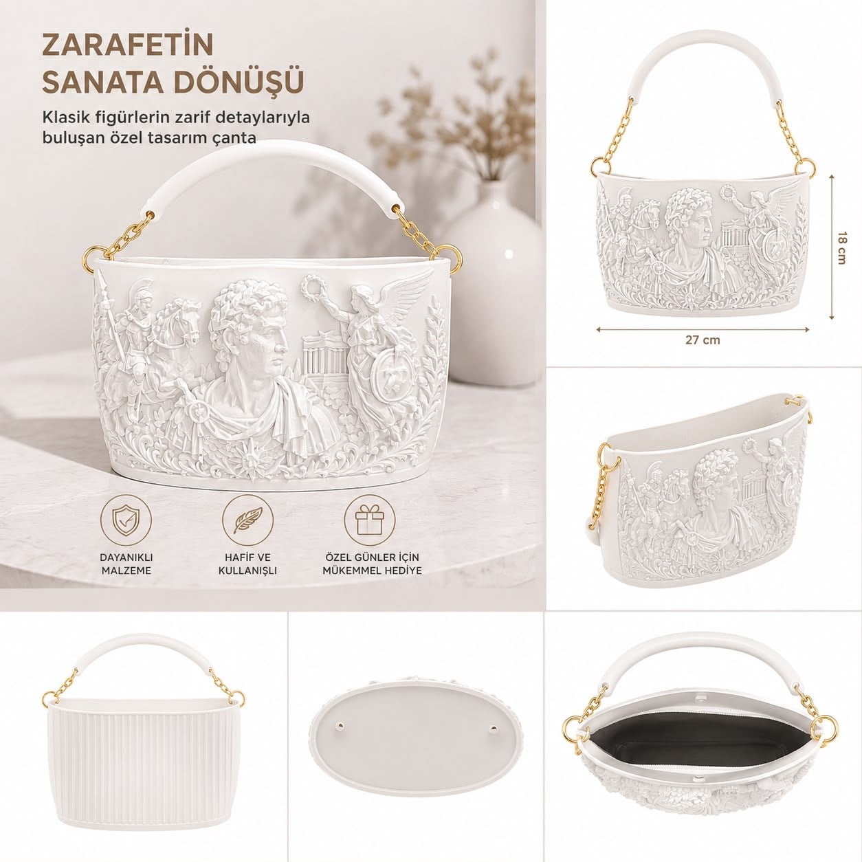 Athena Noir Antik Dönem 3D Tasarım Omuz Çantası Beyaz