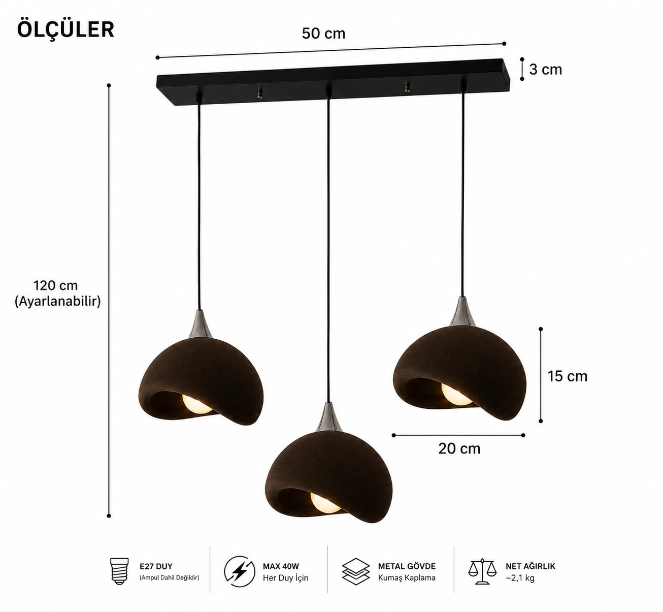 Beton Görünümlü 3D PLA Plastik İskandinav Tarz Sarkıt Avize – Salon ve Cafe İçin 61-70 CM Kahverengi