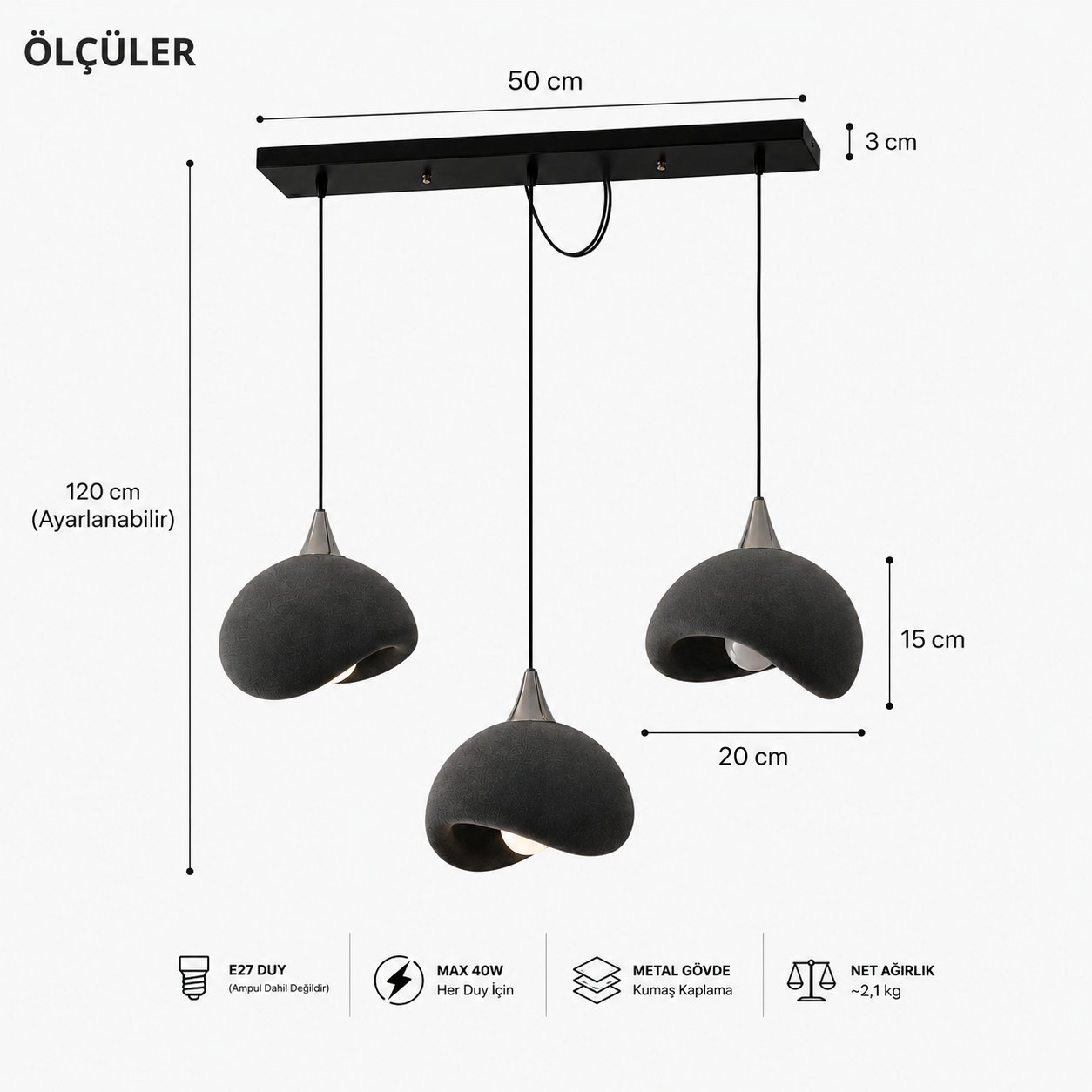 Beton Görünümlü 3D PLA Plastik İskandinav Tarz Sarkıt Avize – Salon ve Cafe İçin 61-70 CM Gri