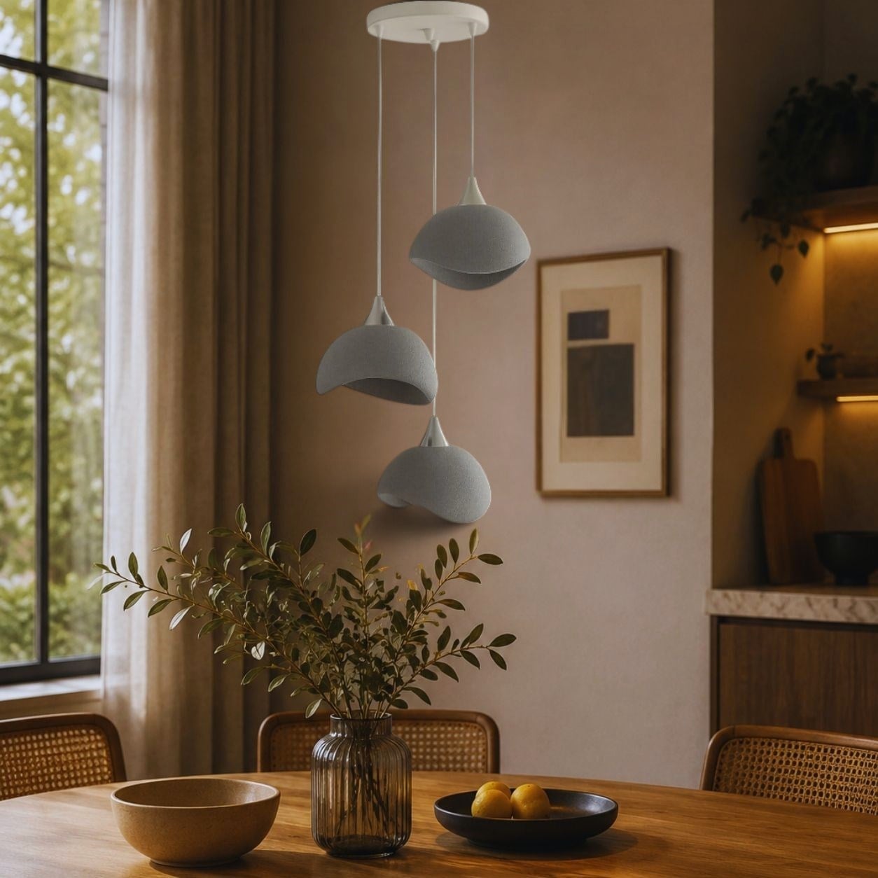 Beton Görünümlü İskandi̇nav Tarzi Salon Oturma Odası 3'lü Avize 32 X 70 CM Gri
