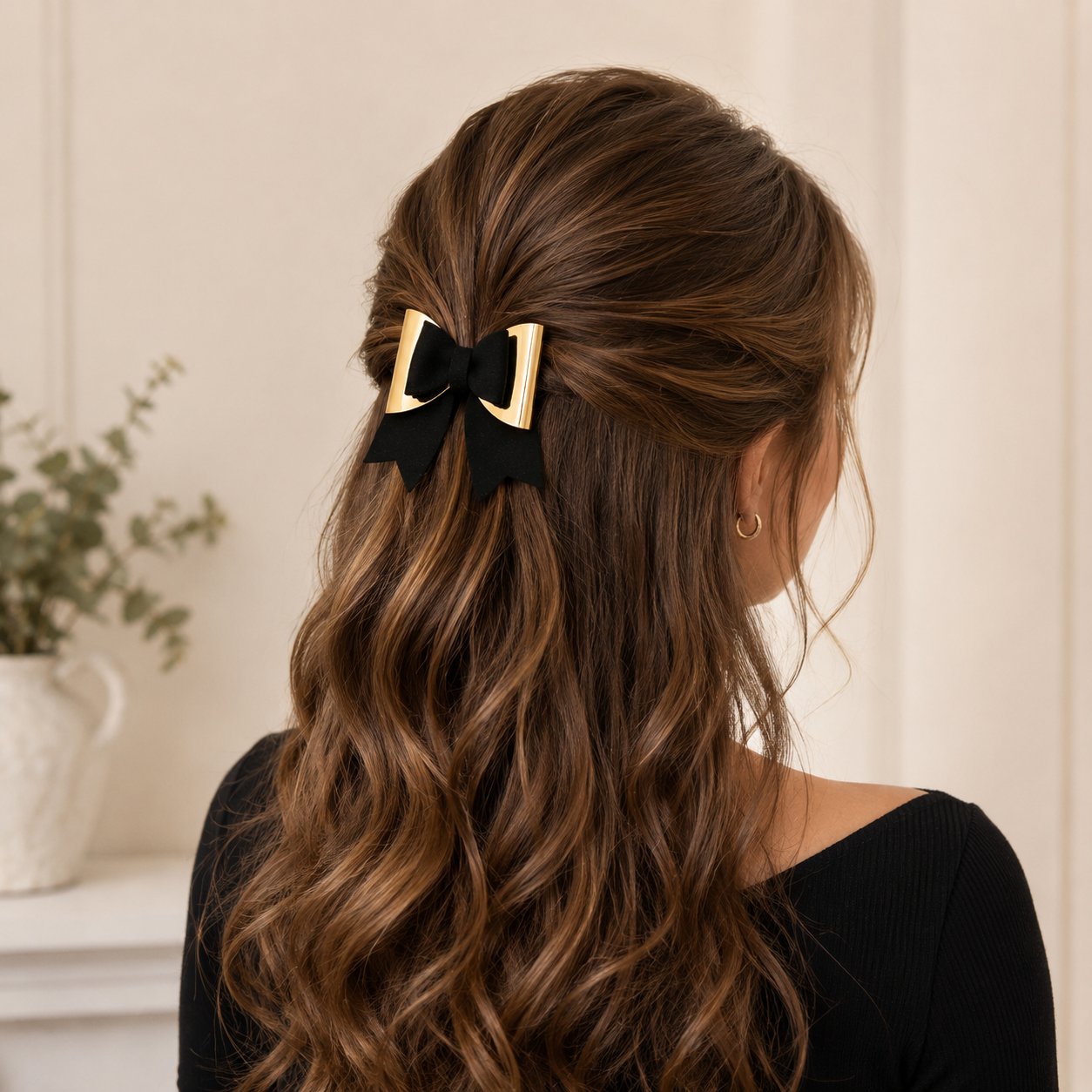 Glitter Detaylı Fiyonk Saç Tokası 9x6 cm Siyah-Gold