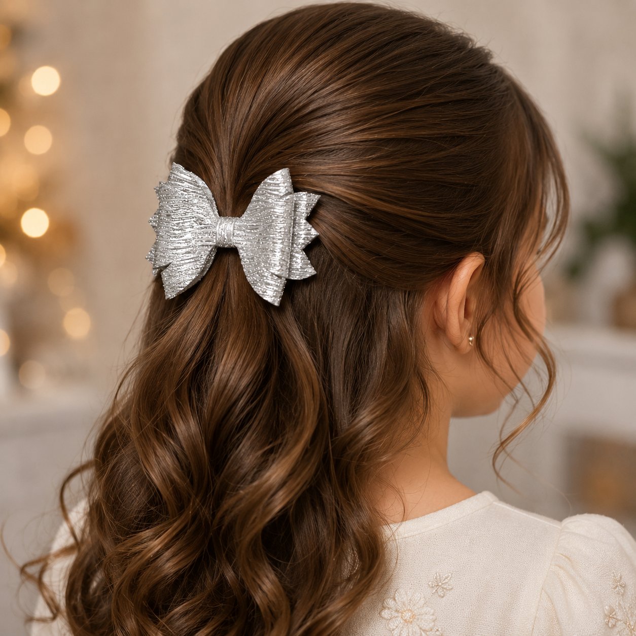 Glitter Detaylı Fiyonk Saç Tokası 9x7 cm Gümüş Gri