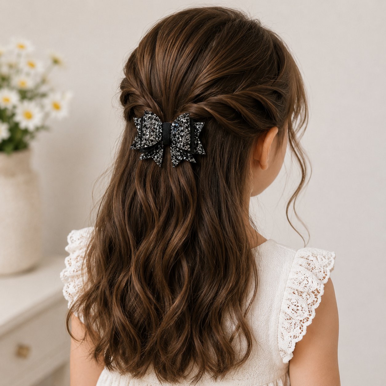Işıltılı Glitter Tasarımlı Fiyonk Saç Tokası Gri Pullu