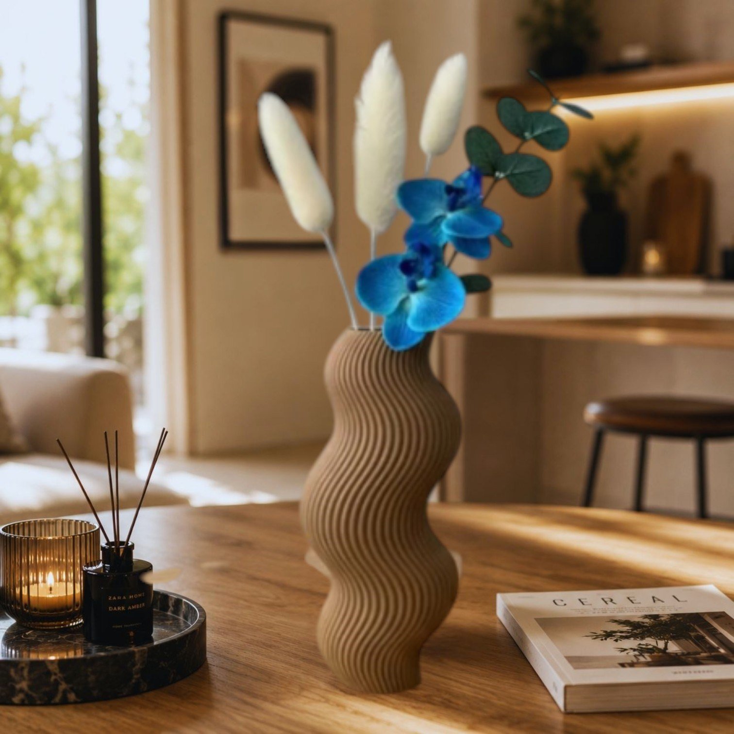 İskandinav Tarz Dalgalı Formlu Dekoratif 3D Vazo Kahverengi