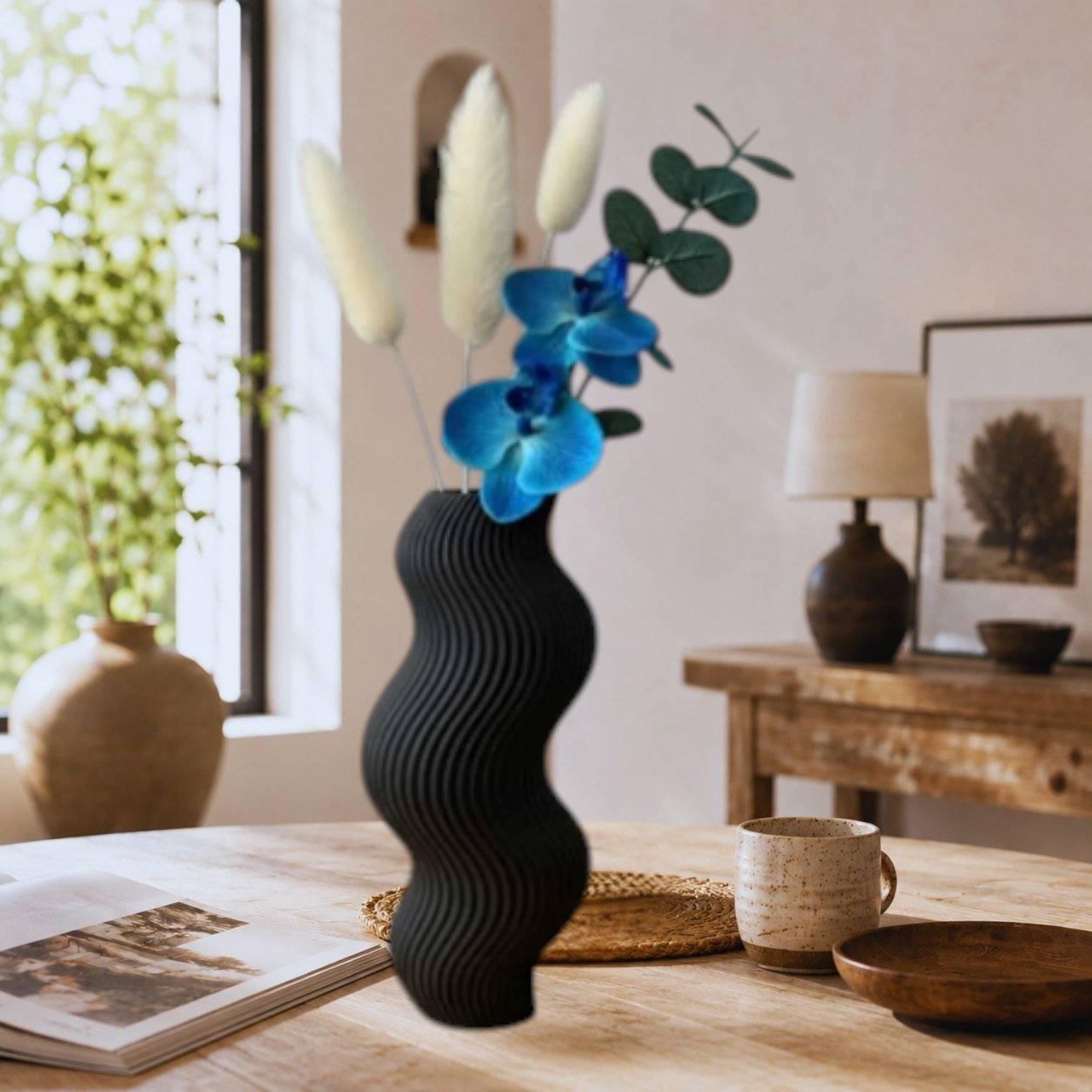 İskandinav Tarz Dalgalı Formlu Dekoratif 3D Vazo Siyah