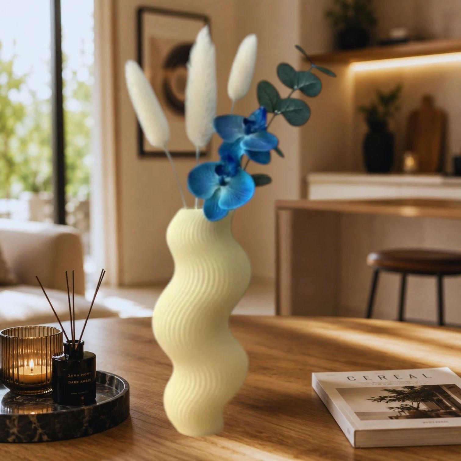 İskandinav Tarz Dalgalı Formlu Dekoratif 3D Vazo Krem