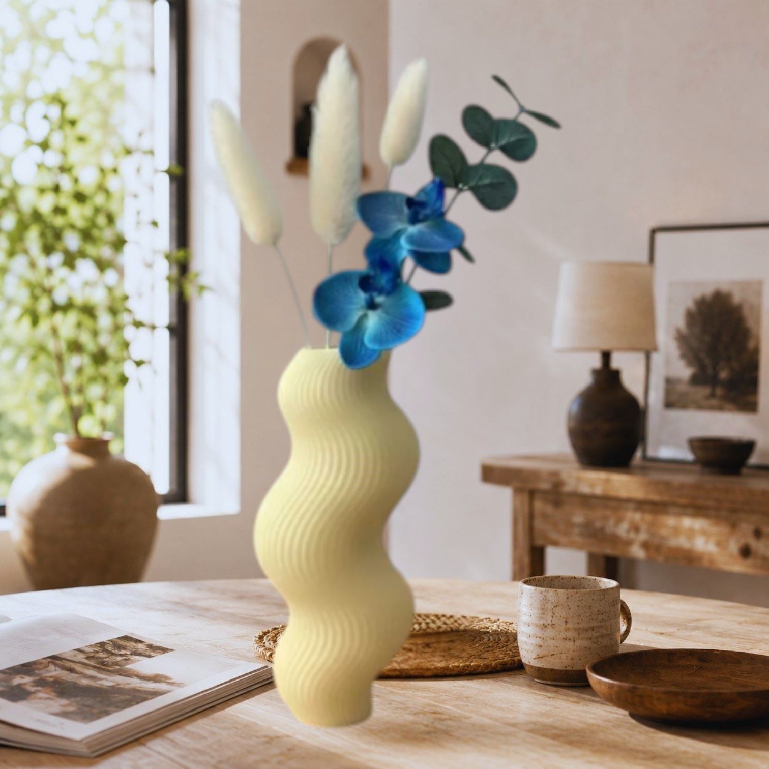İskandinav Tarz Dalgalı Formlu Dekoratif 3D Vazo Krem