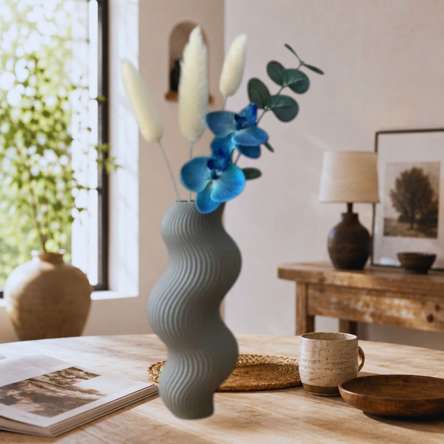İskandinav Tarz Dalgalı Formlu Dekoratif 3D Vazo Gri